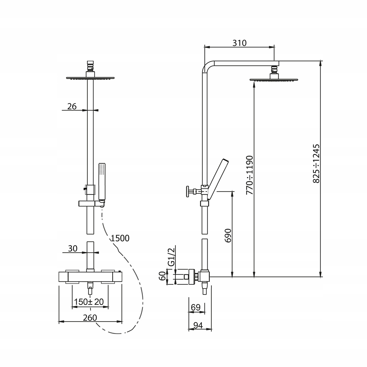 ZESTAW NATRYSKOWY PRYSZNICOWY CZARNY Z TERMOSTATEM KOLUMNA PRYSZNICOWA INEA Linia INEA CUBIC