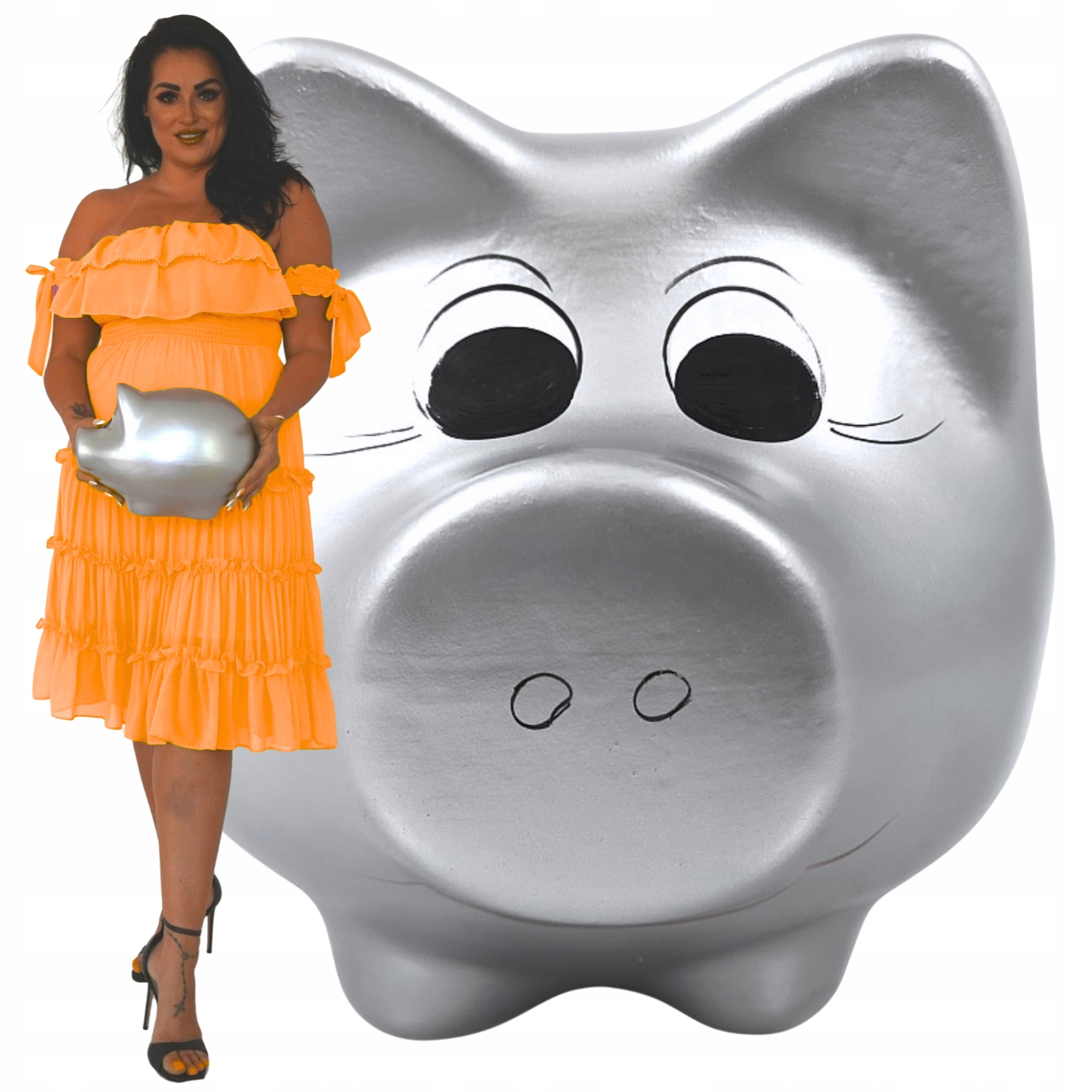 Pokladnička prasátko velké XL Stříbrná keramická k rozbití prostorná Gigant