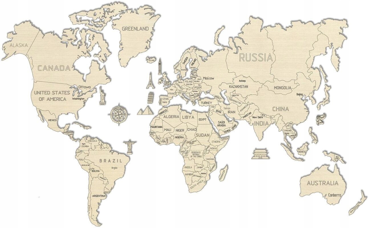 

Drewniana Mapa Świata Dekoracja na Ścianę 120 cm