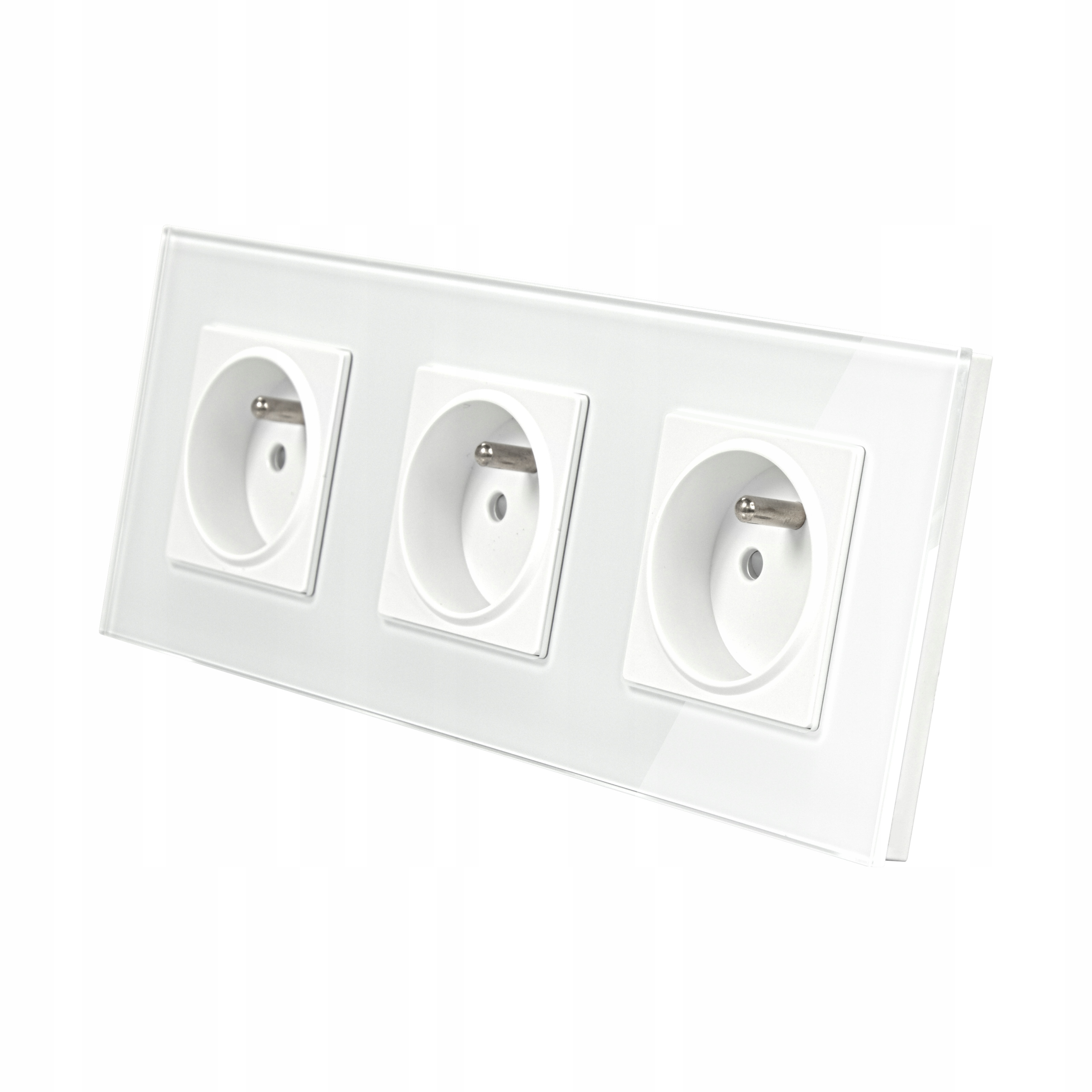 Gniazdko szklane elektryczne potrójne z bolcem w ramce szklanej białe