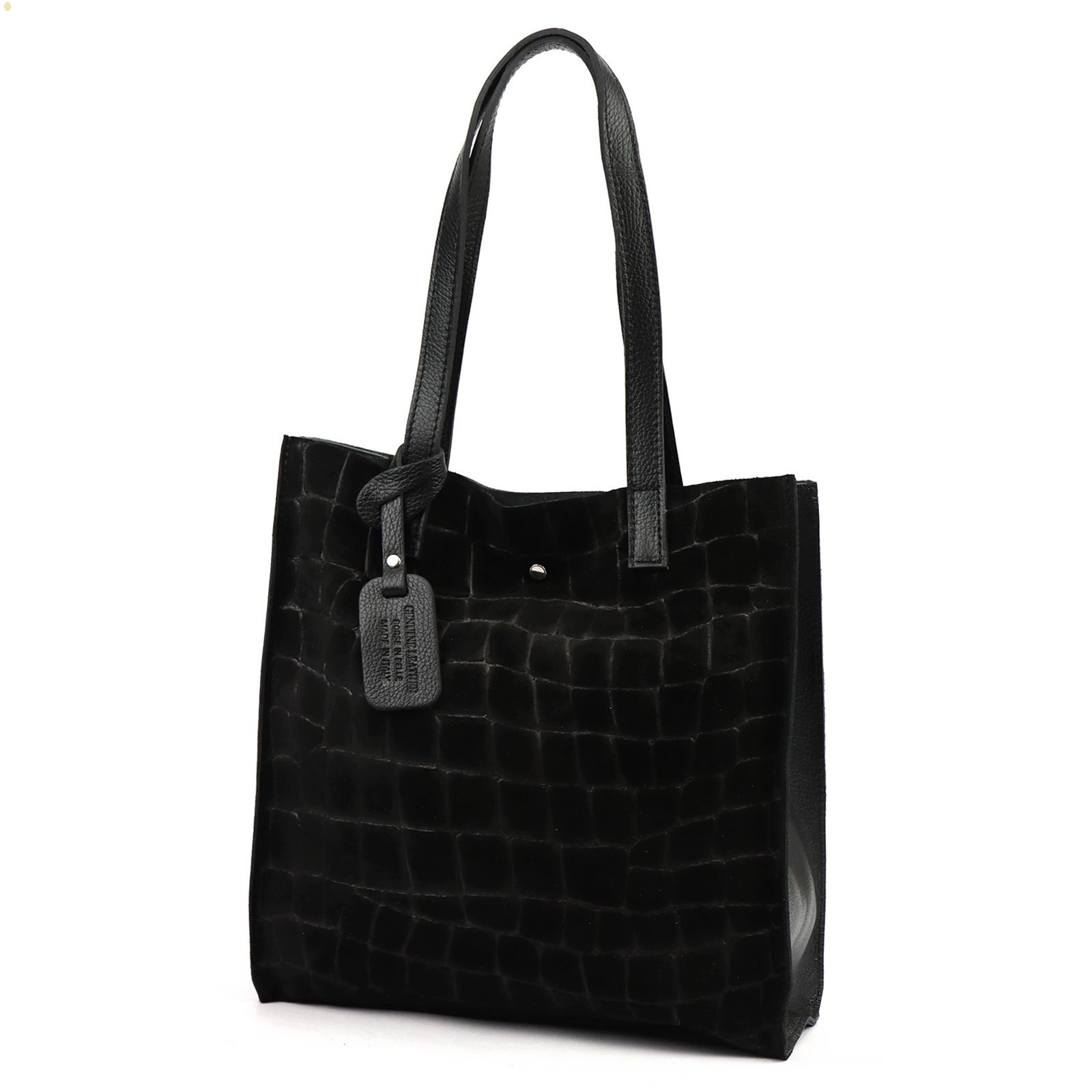 Dámská kabelka Vera Pelle Kožená Semišová Černá Shopper přes rameno croco