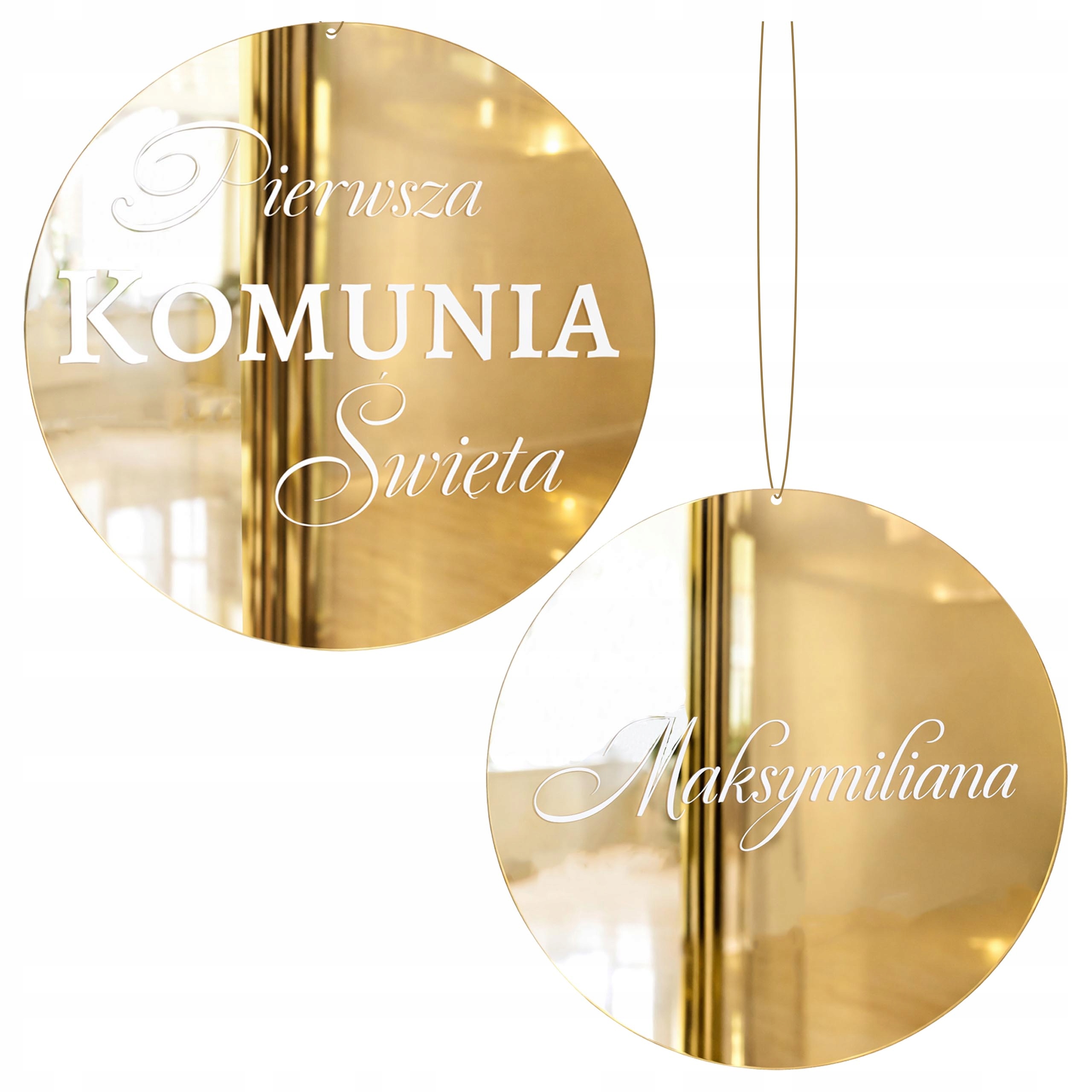 BANER NAPIS PIERWSZA KOMUNIA ŚWIĘTA ZŁOTE KOŁA PLEXI 2szt PERSONALIZACJA
