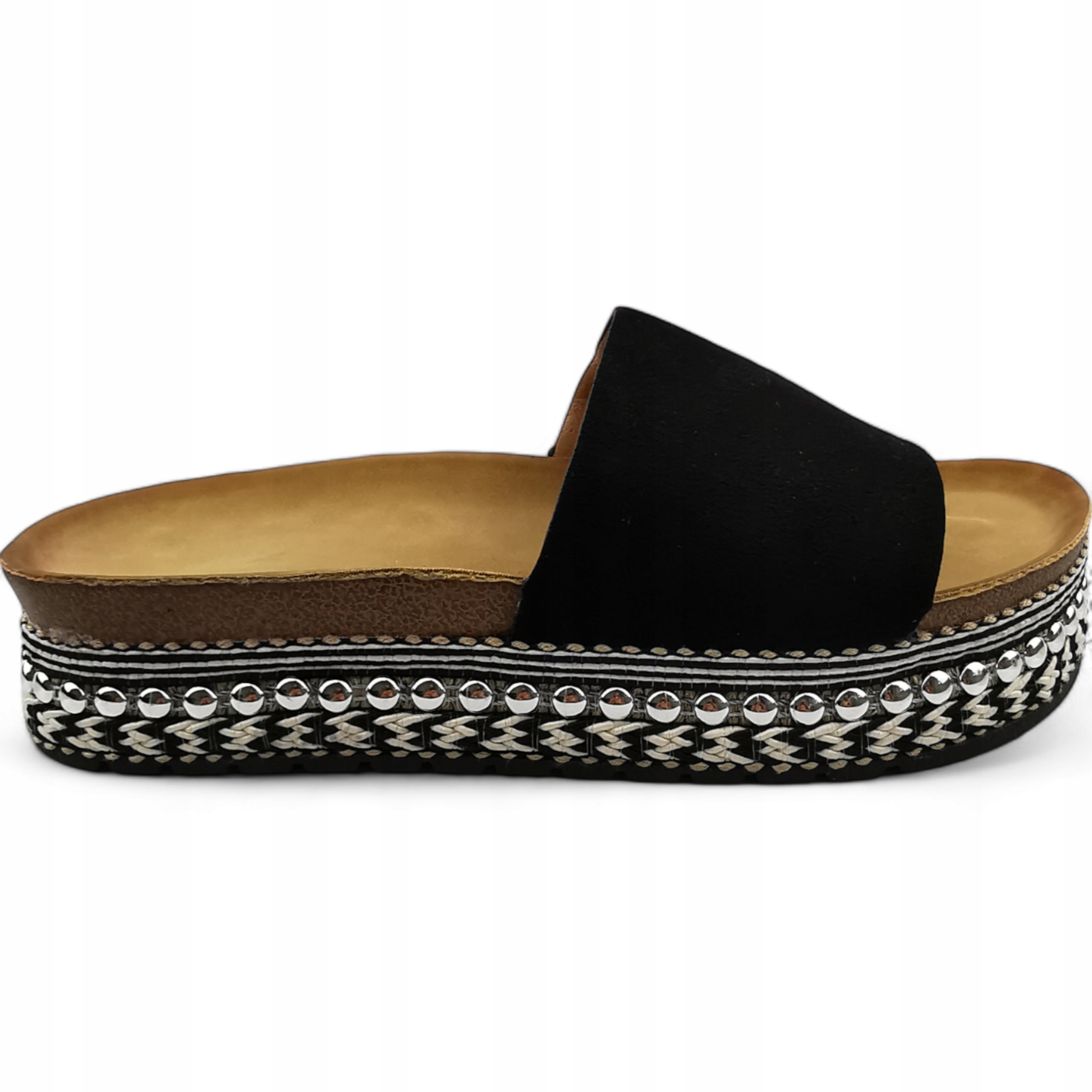 SKÓRZANE SOLIDNE CZARNE PROFILOWANE KLAPKI NA PODWYŻSZENIU Rozmiar 40