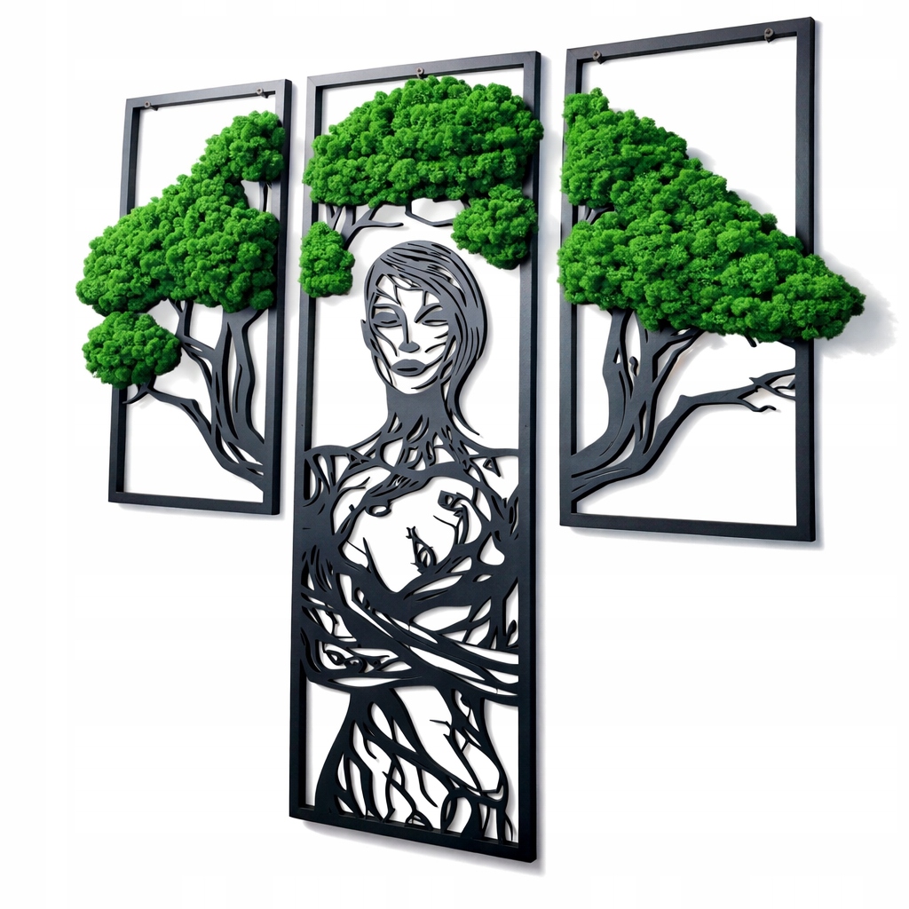 Triptych Dřevo s mechem chrobotkem 60x70 cm Žena stromek Mech Chrobotek