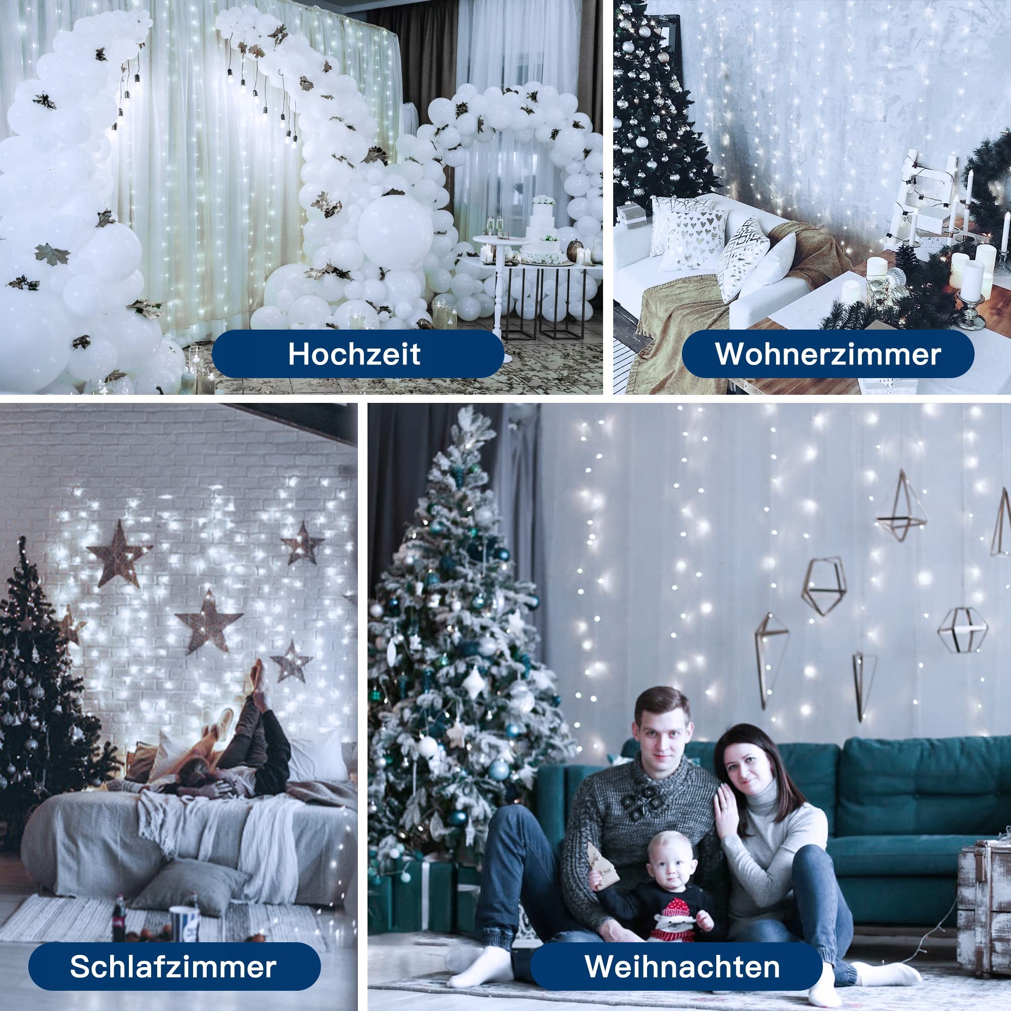 OLLNY Kurtyna Świetlna Girlanda Lampki Białe Dekoracyjne 2x2m 200 LED — miniatura 7