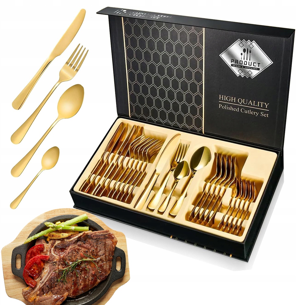 Zlatá Sada Příborů Z Nerezové Oceli Silná 24 Pcs Pro 6 Osob