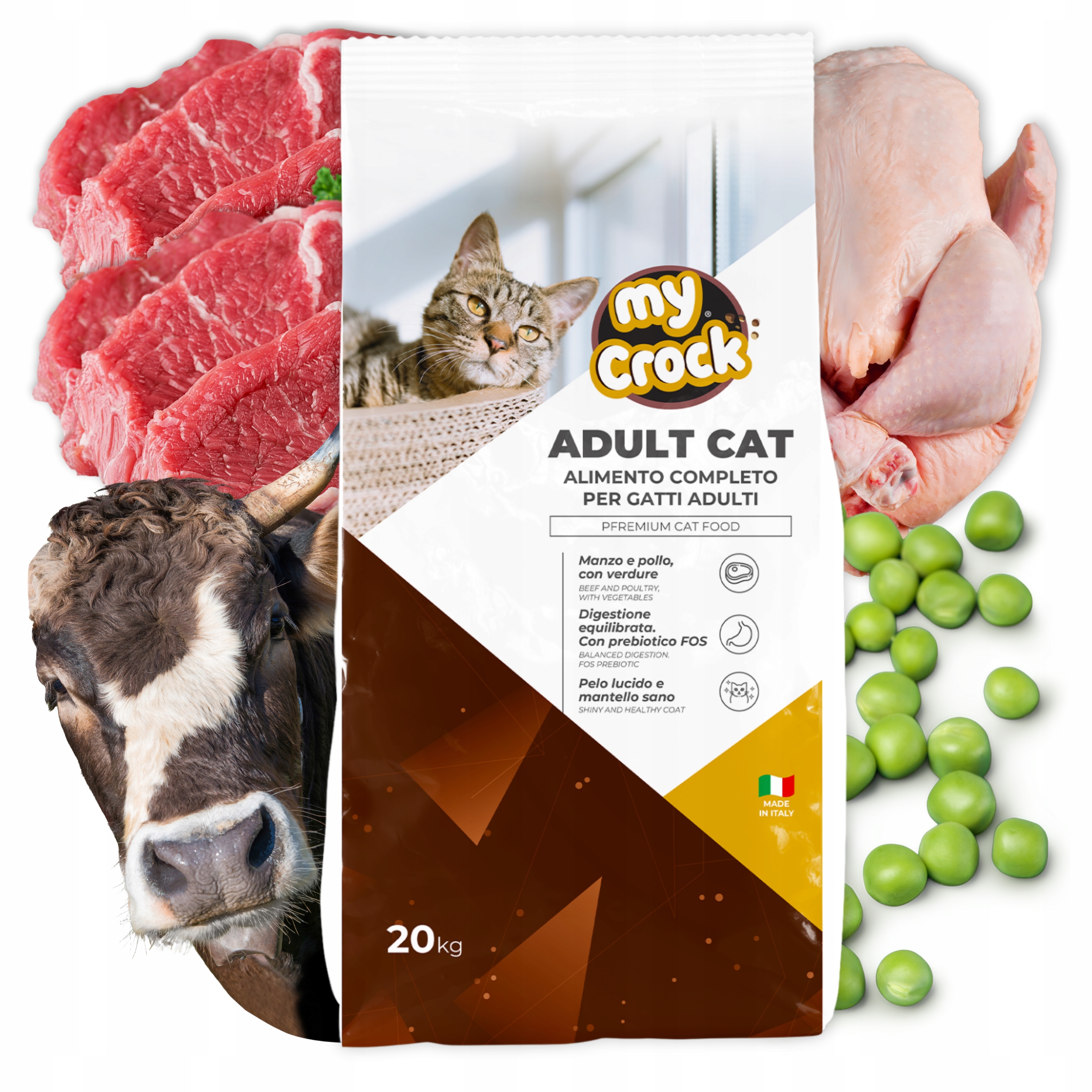 Levně Suché Krmivo pro kočky Kuřecí hovězí maso 20 kg Dospělý MyCrock Lesklá srst