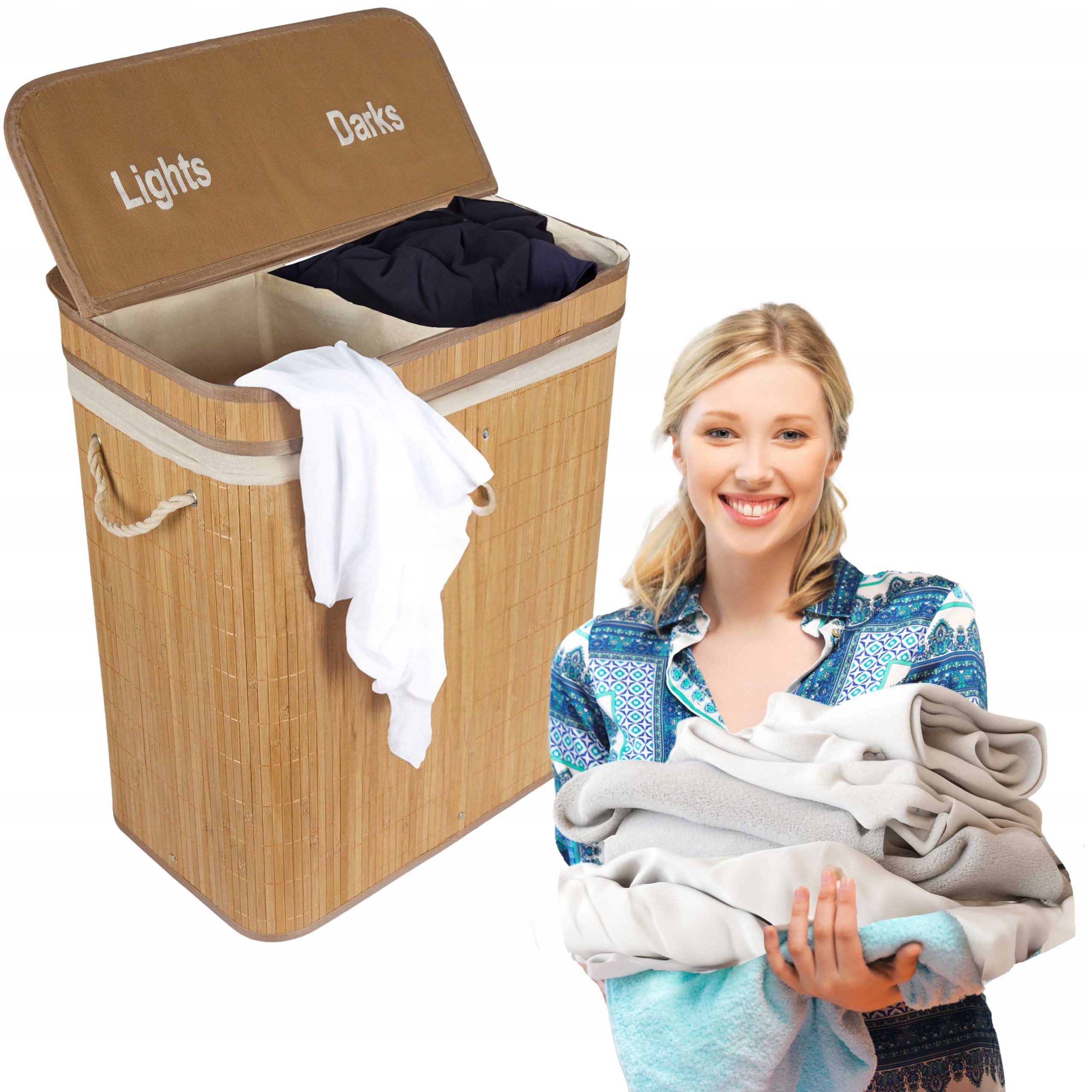 Koš Na Prádlo Bambusový Velký 105 L, Dvoukomorový, Skládací, S Víkem
