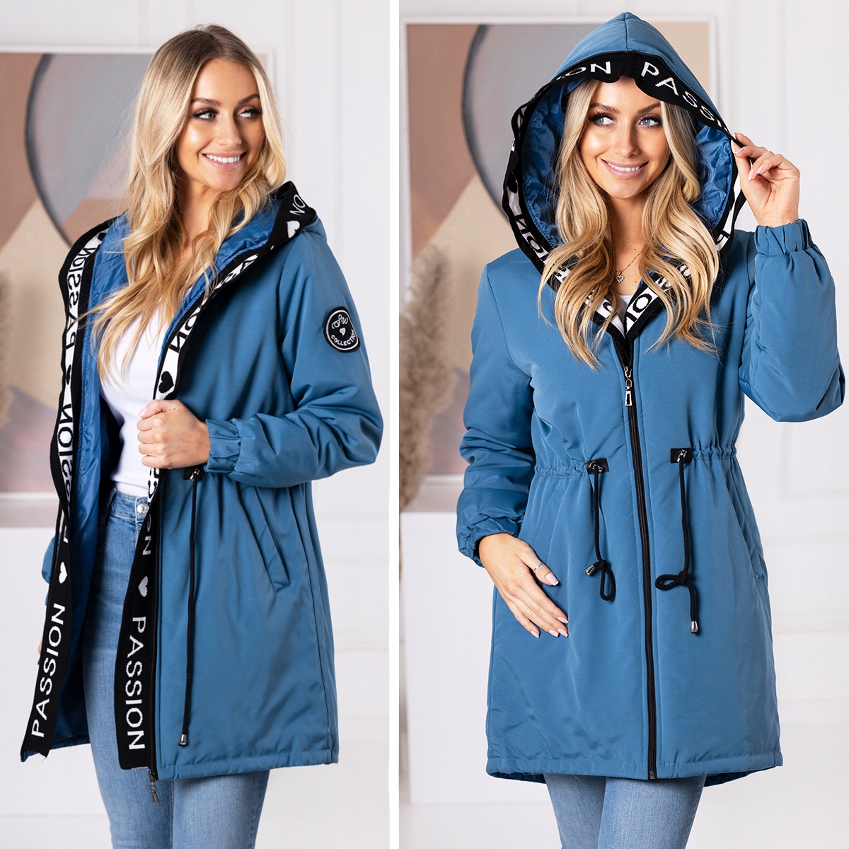 PASSION Kurtka PARKA Płaszcz Z KAPTUREM Kurtki 4 KOLORY z Napisami 5XL Model 8001 przejściowa, jesienna, wiosenna