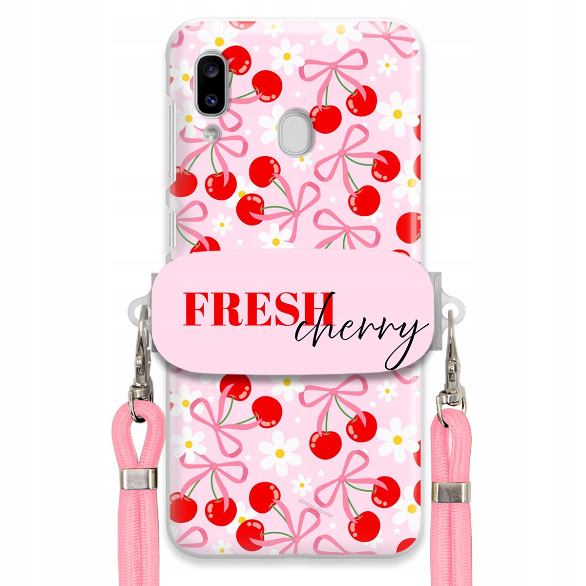 Puzdro pre Samsung A20e Case držiak na šnúrku Ružový Fresh Cherry Kokardy