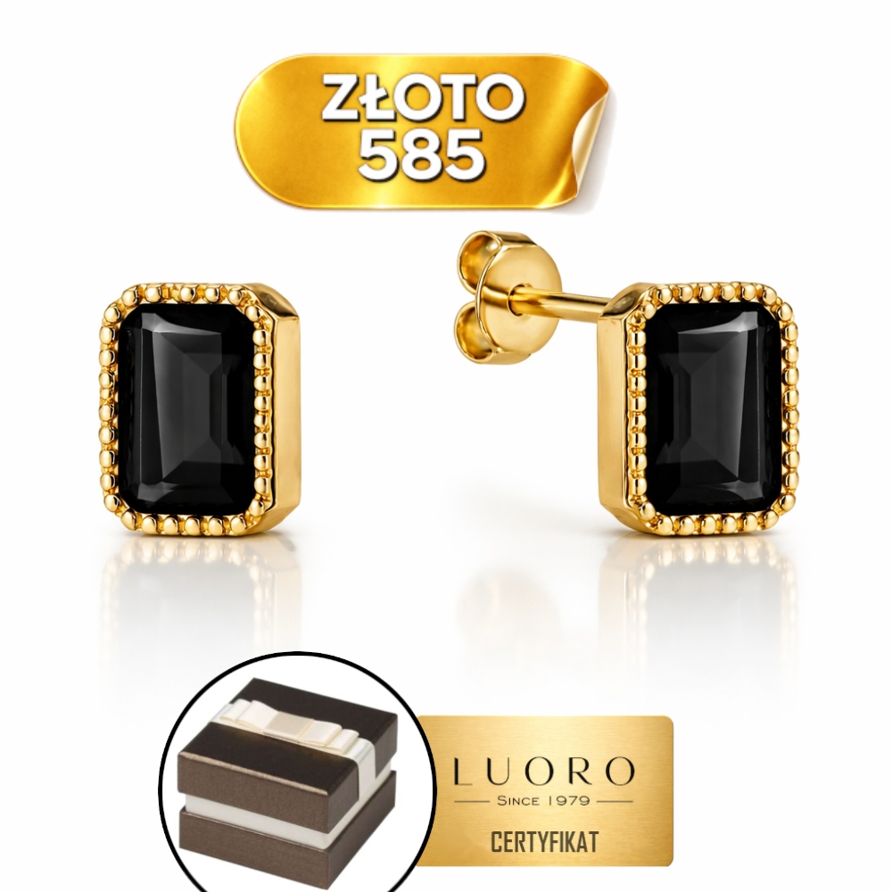 Náušnice Zlaté 585 14K S Onyxem Obdélník Tyčinka Elegantní 8,3X6,3 MM