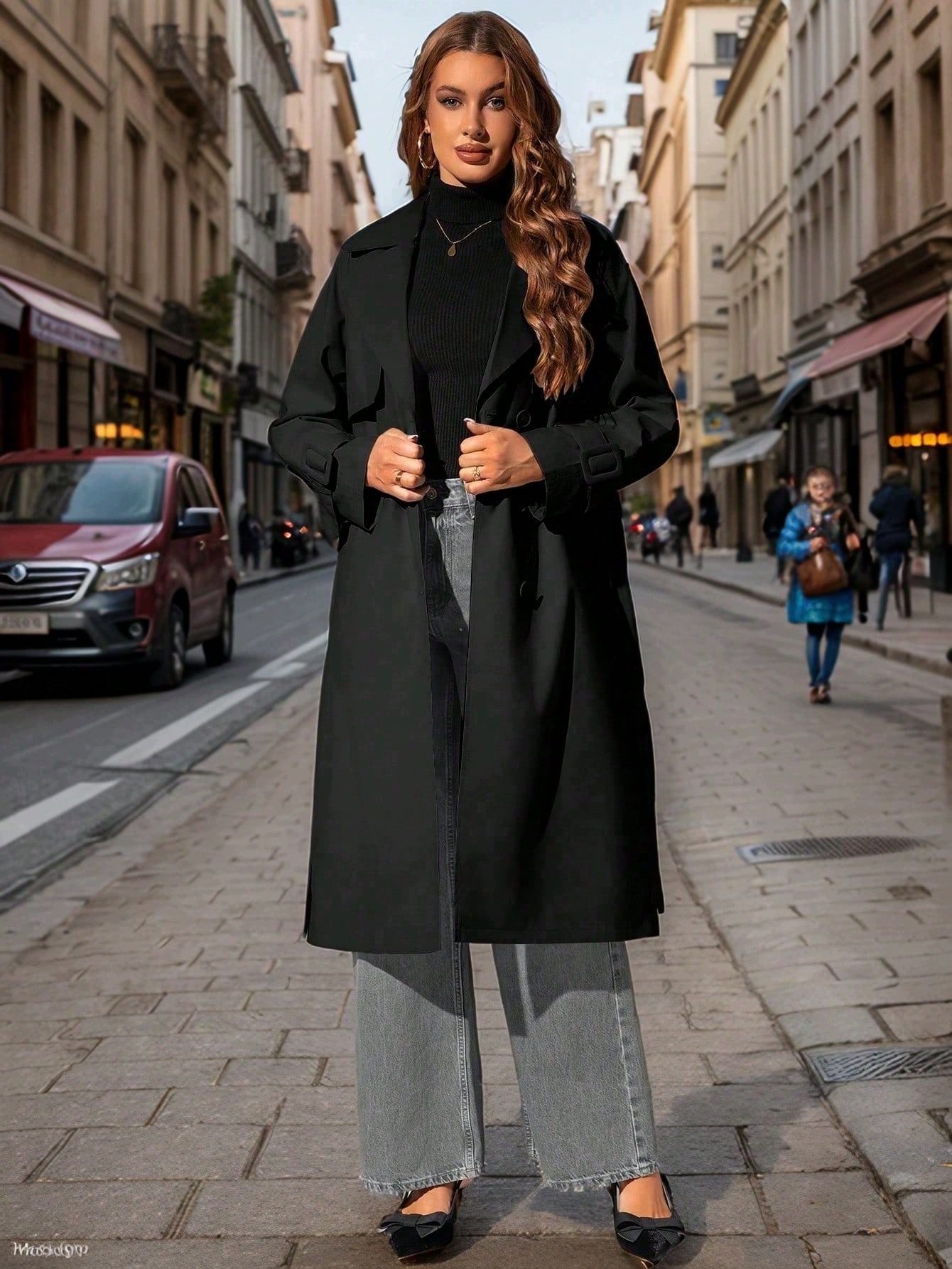 Shein Černý Trench Kabát S Klopami A Širokými Rukávy, Velikost 1MA