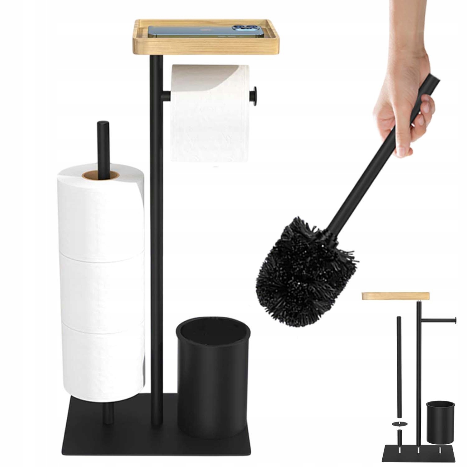 Stojan na toaletní papír s kartáčem a poličkou Černý Nerezová Ocel