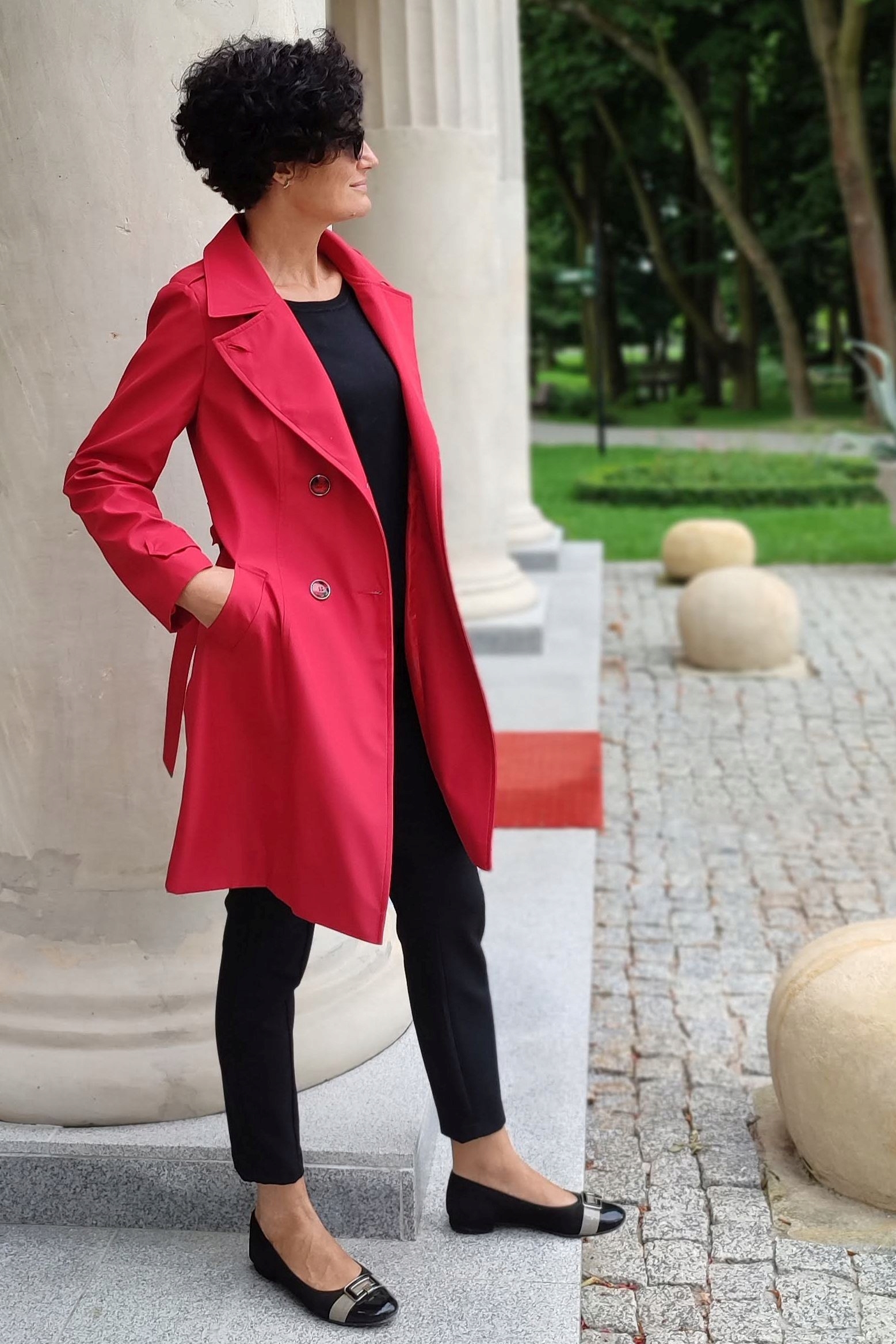 Dwurzędowy Trencz Przejściowy Płaszcz Wiosenny Prochowiec Czerwony 38