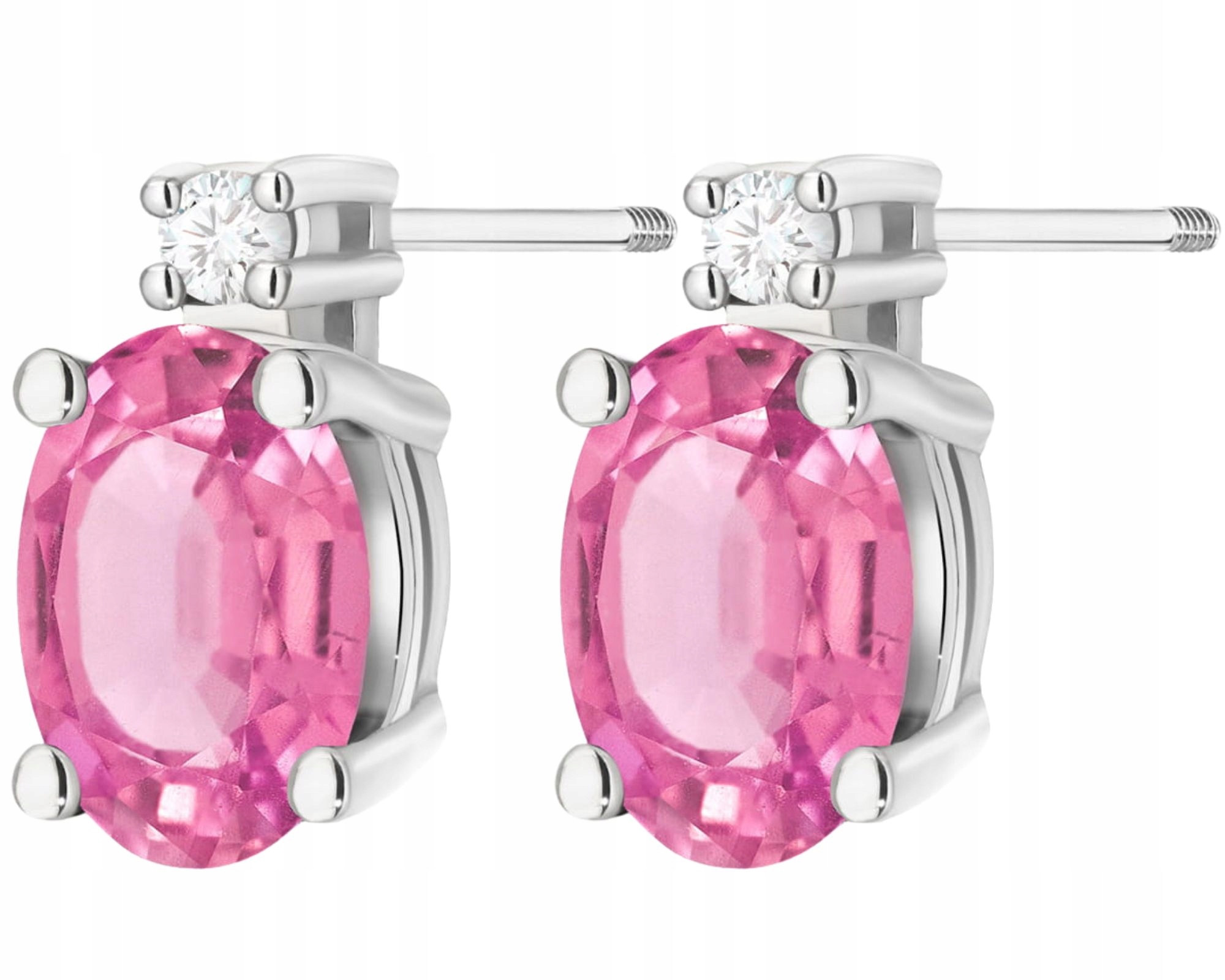 Bílé Zlato Náušnice S Růžovým Topazem A Diamanty, Zlatá Šroubovací Tyčinka