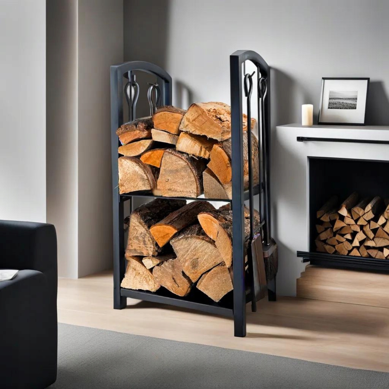 ZESTAW STOJAK NA DREWNO KOMINKOWE OPAŁOWE 74x40 CM + 4 NARZĘDZIA CZARNY Marka 4MWOOD.CO