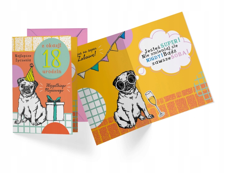 KARTKA 18 URODZINY PIES MOPS ŻYCZENIA 17x12 11778661961 Allegro.pl