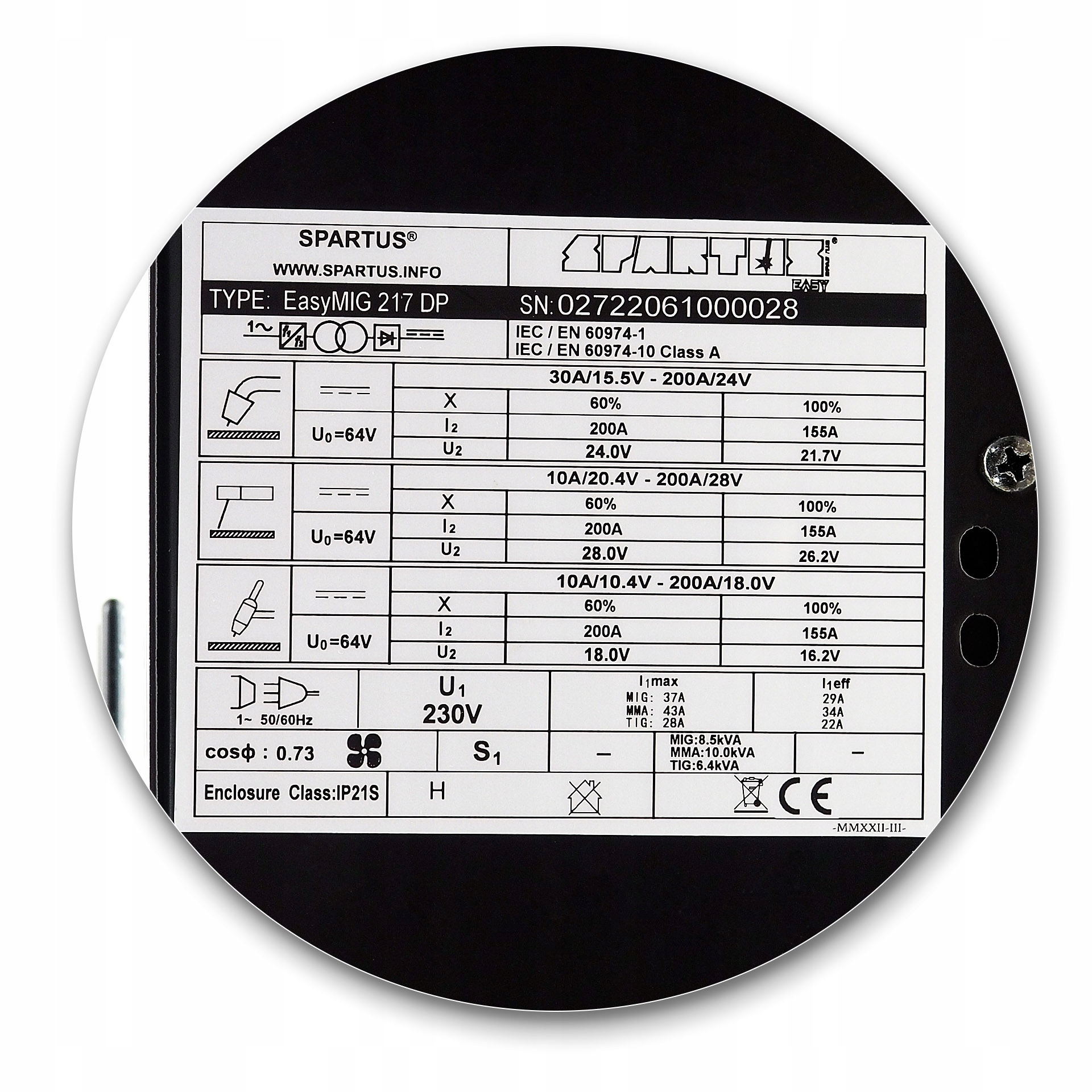 Spawarka SPARTUS EasyMIG 217 DP Easy MIG Dual Puls 217DP Półautomat Maksymalna średnica elektrody 4 mm