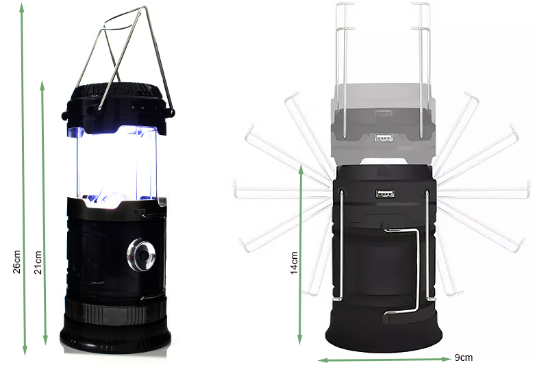 SOLARNA LATARKA LAMPKA KEMPINGOWA POWERBANK 3W1 USB AKUMULATOROWA HARCERSKA Cechy dodatkowe składana konstrukcja wejście USB z panelem słonecznym z uchwytem do zawieszenia