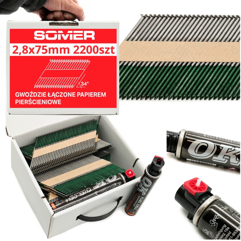 Set Hřebíky do hřebíkovačky Kroužkové 2,8x75mm 2200 ks a 2 gázy Ok