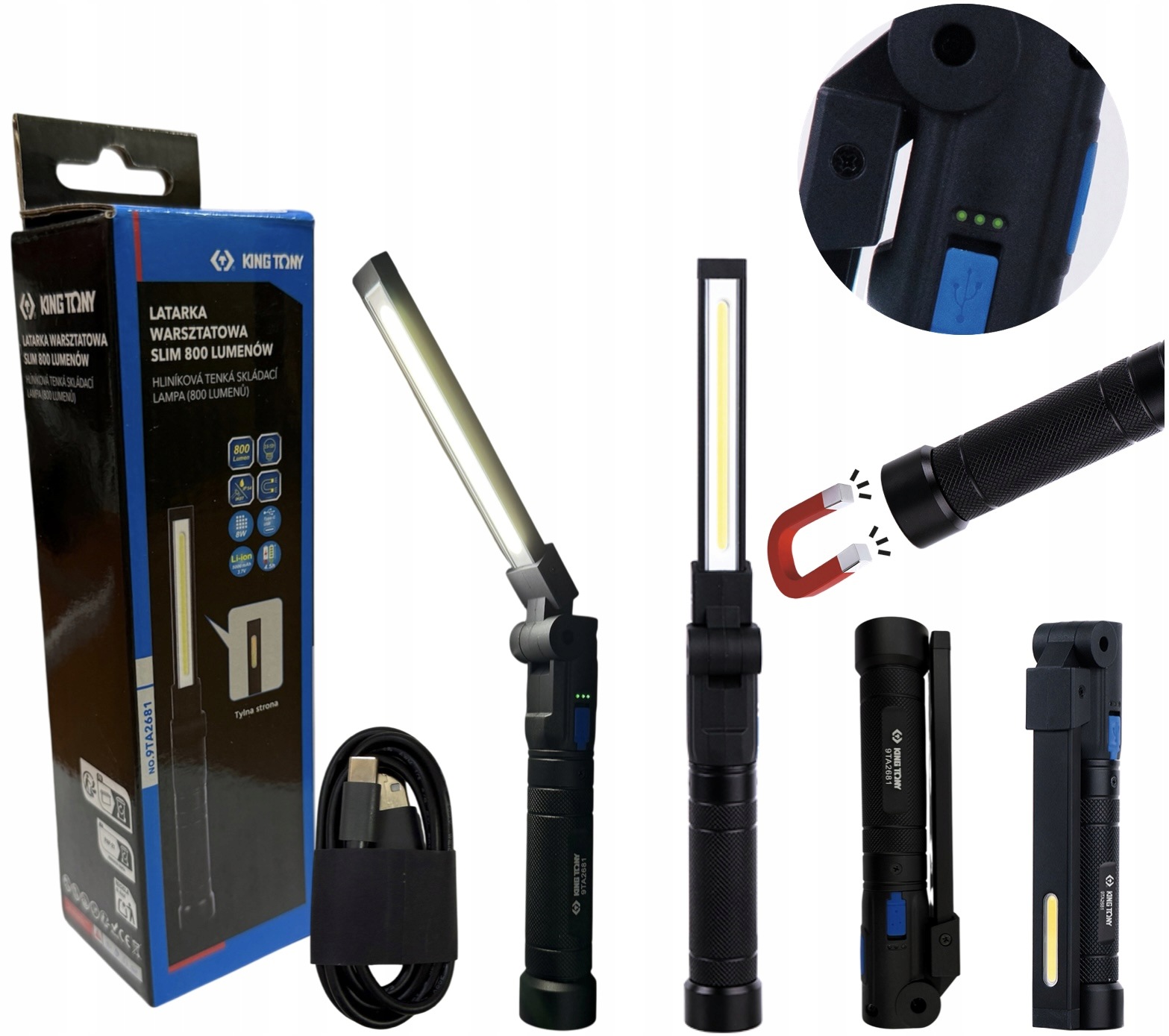 King Tony Lampa Latarka Warsztatowa 8W Led Smd Usb-c 800Lumenów 9TA2681A