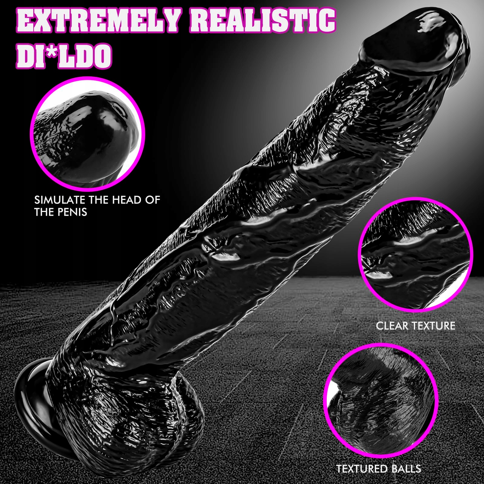 REALISTISCHER Dildo 33cm Silikonowy Dildo Z Żyłami i Jądrami Czarny — miniatura 3