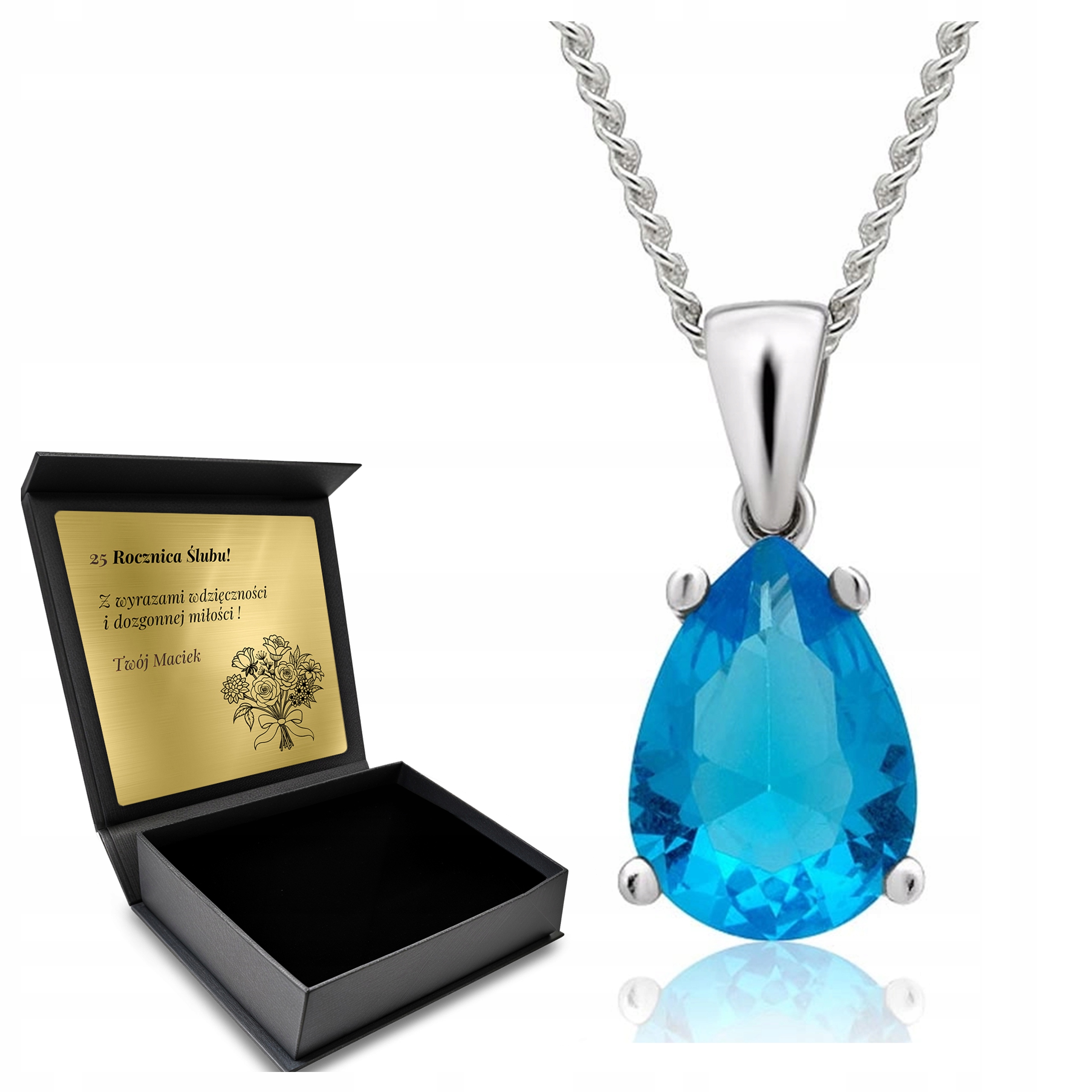 Stříbrný Náhrdelník 925 Modrý Topaz Dárek pro ženu Gravírování Bonus
