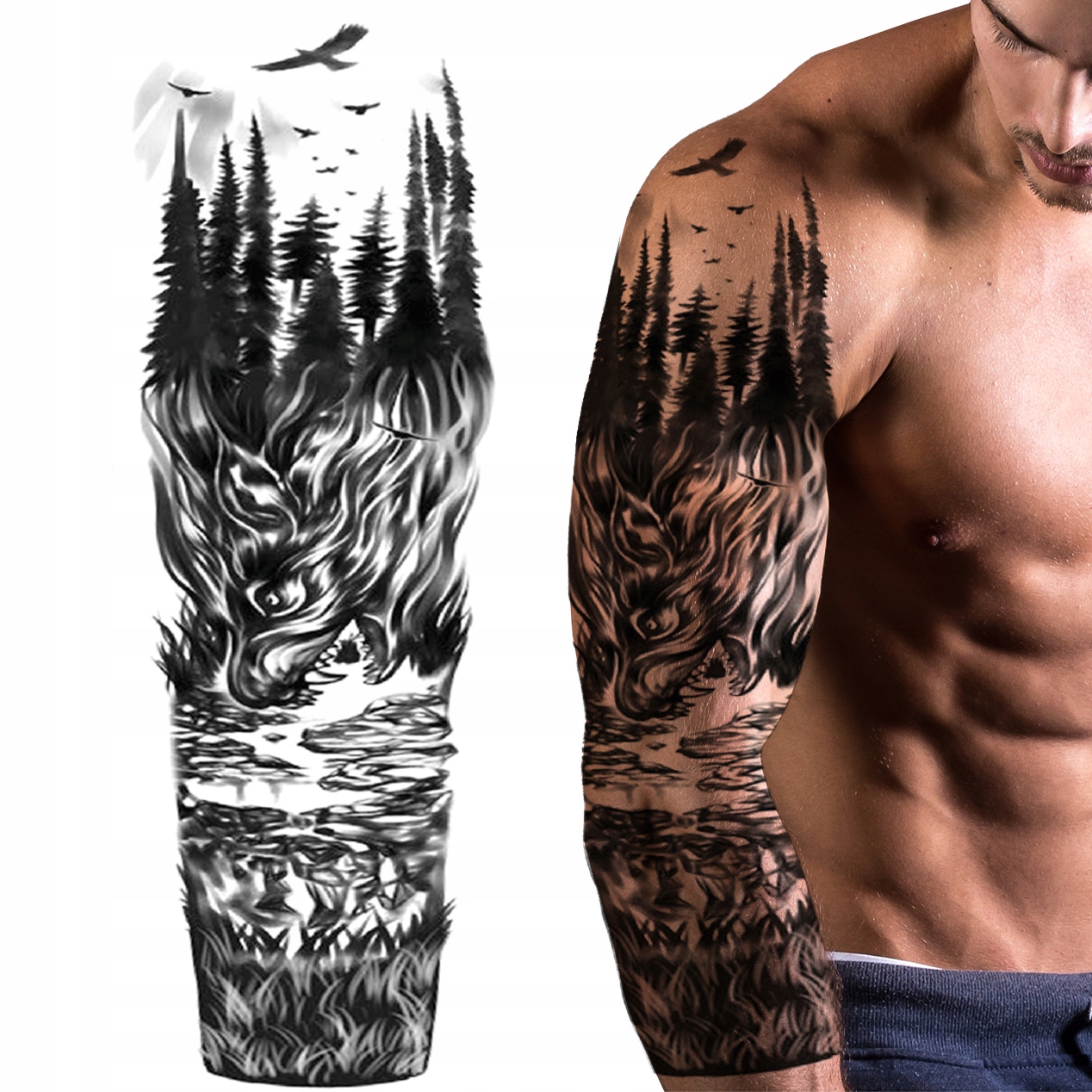 TATUAŻ ZMYWALNY TYMCZASOWY WODNY RĘKAW LAS WILK