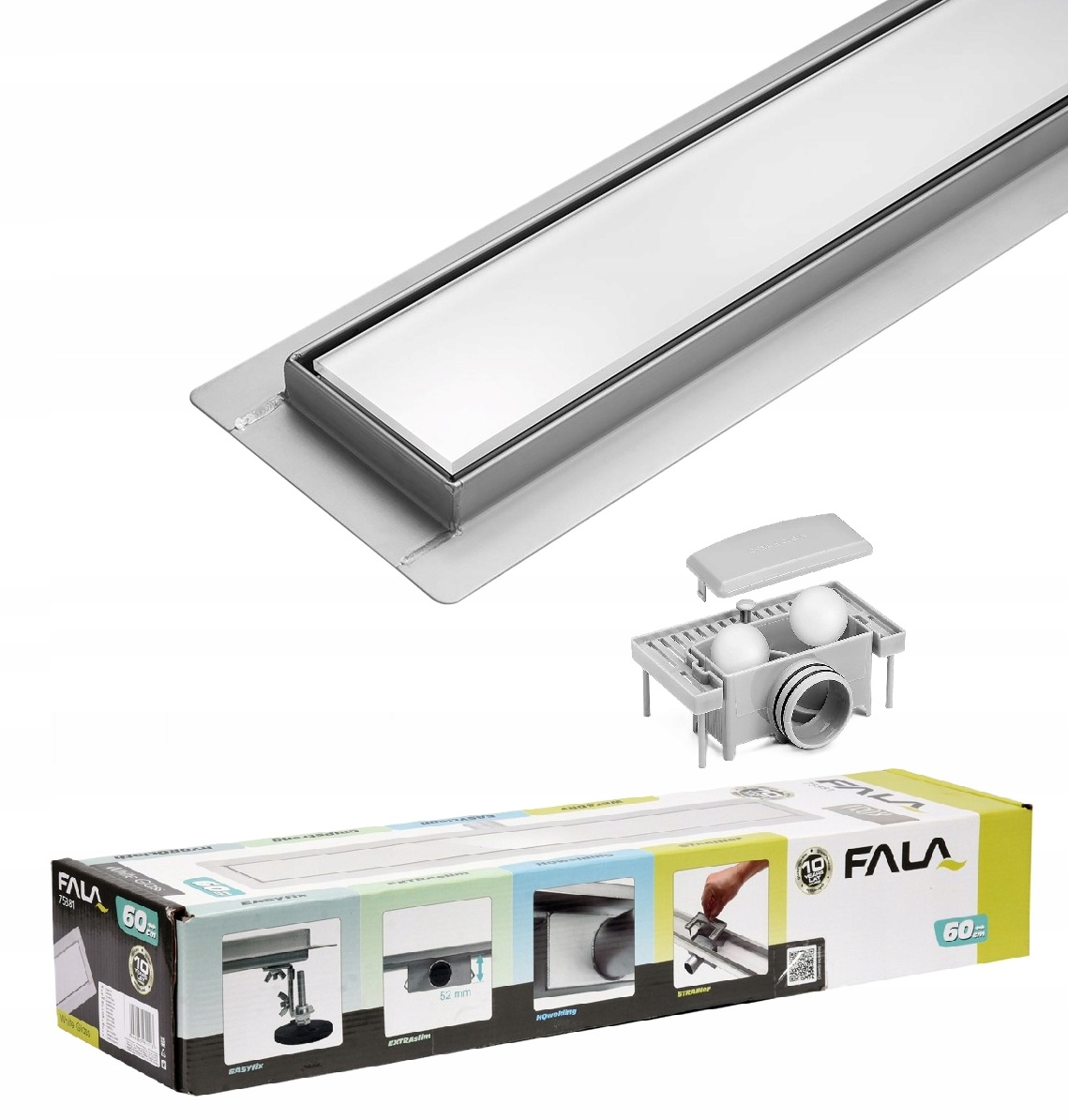 Lineárny Odtok White Glass Slim Sklo 80 CM Wet&dry Tvrdený Fala 75383