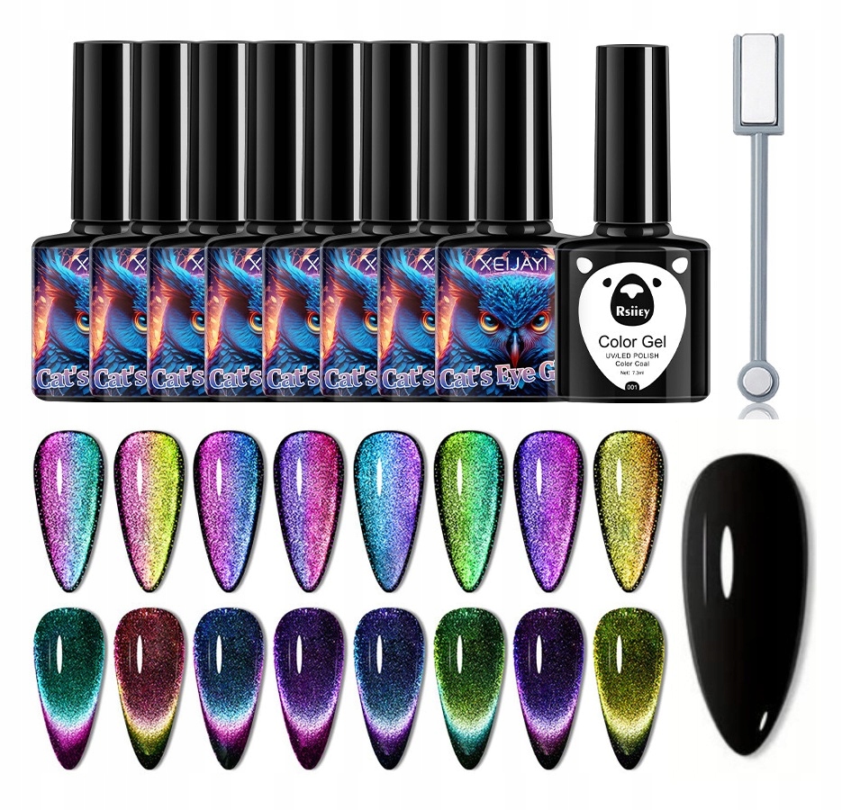 9szt 7,3ml Lakierów Hybrydowych Magnetycznych Cat Eye magnes Zestaw XXL