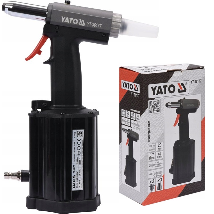 Yato Pneumatická Nitovačka 3 Čelenky 4,0-6,4 mm Odtrhávateľné Nity 1255 kg
