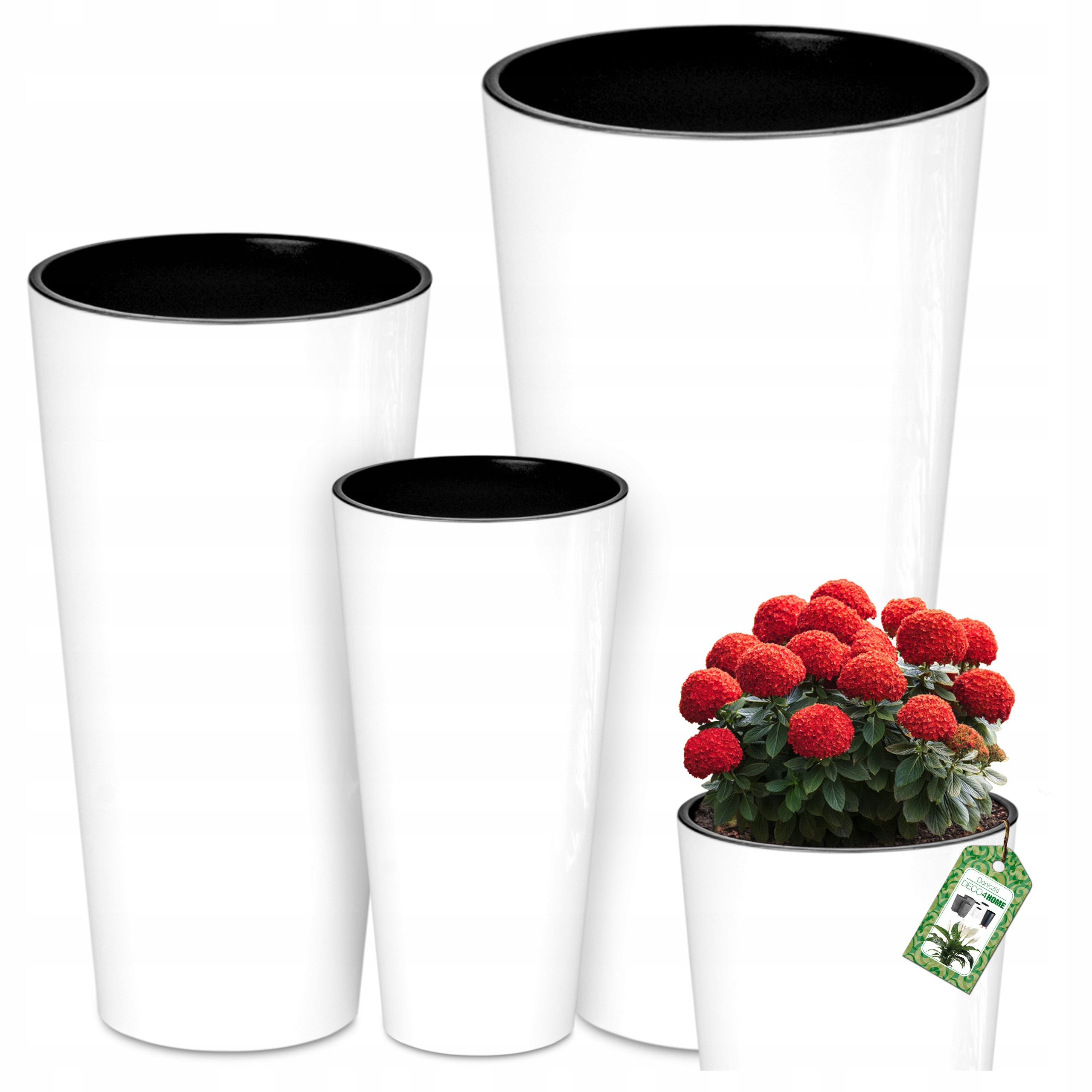 Zestaw 3x Doniczki Białe Połysk Donice Ogrodowe Kwietnik Na Balkon Wkłady