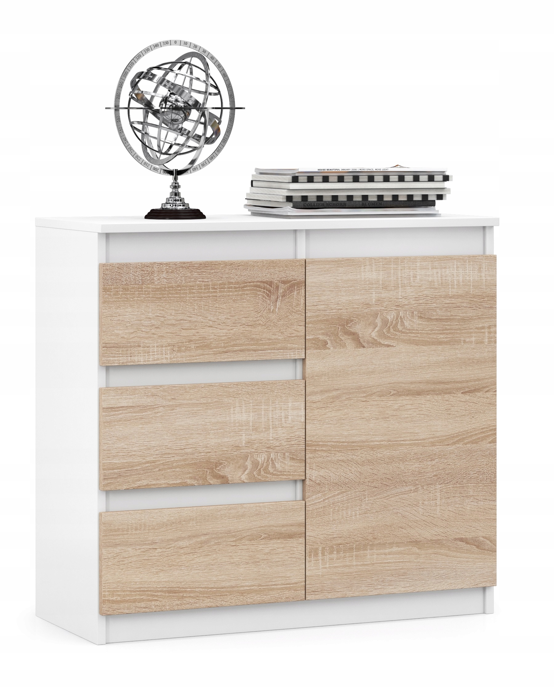 DUŻA POJEMNA KOMODA SZAFKA RTV 3 SZUFLADY DRZWI BIAŁA MAT DĄB SONOMA 80 cm