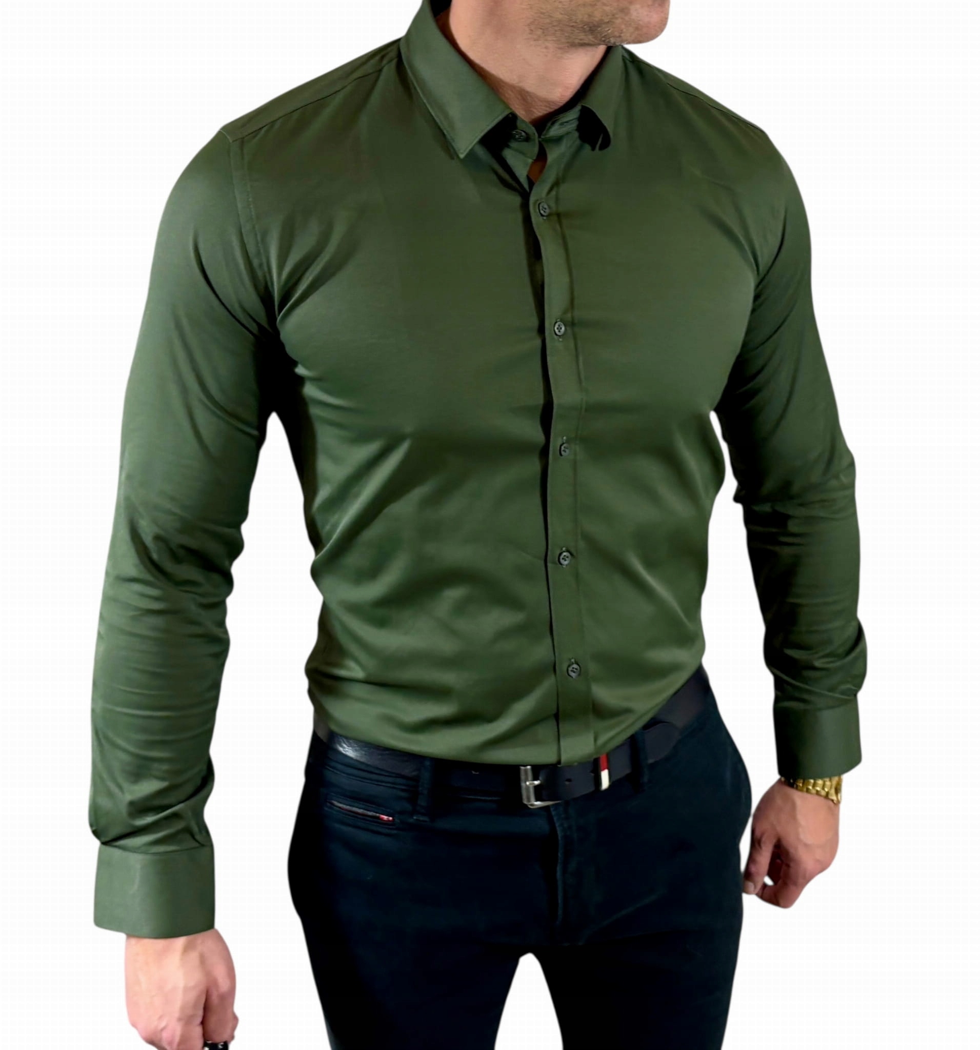 Klasická slim fit košile khaki-10 satén hladká elegantní EGO04 3XL