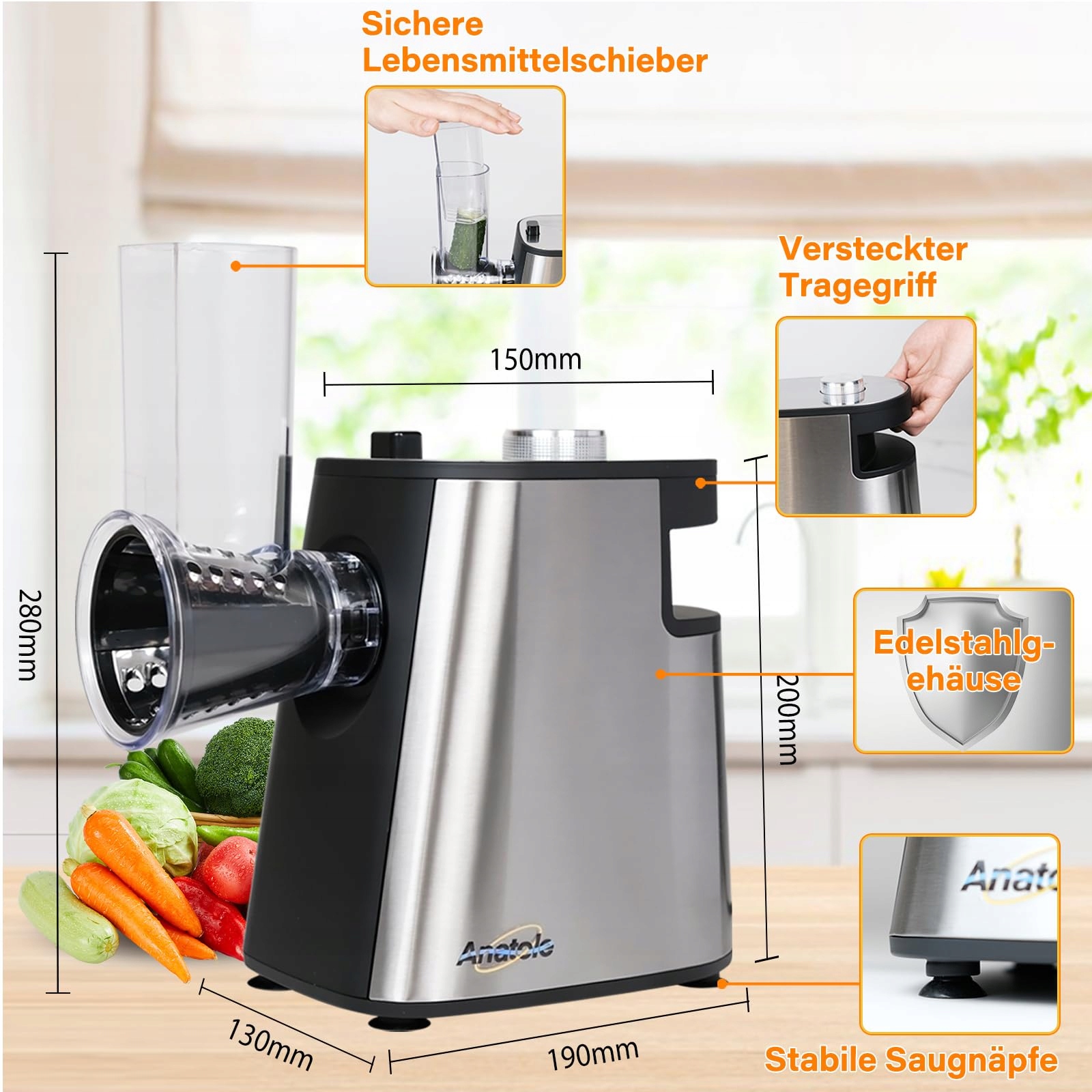 ANATOLE Elektryczna Krajalnica Do Warzyw Tarka Do Sera 250W 5 Ostrzy 220V — miniatura 4