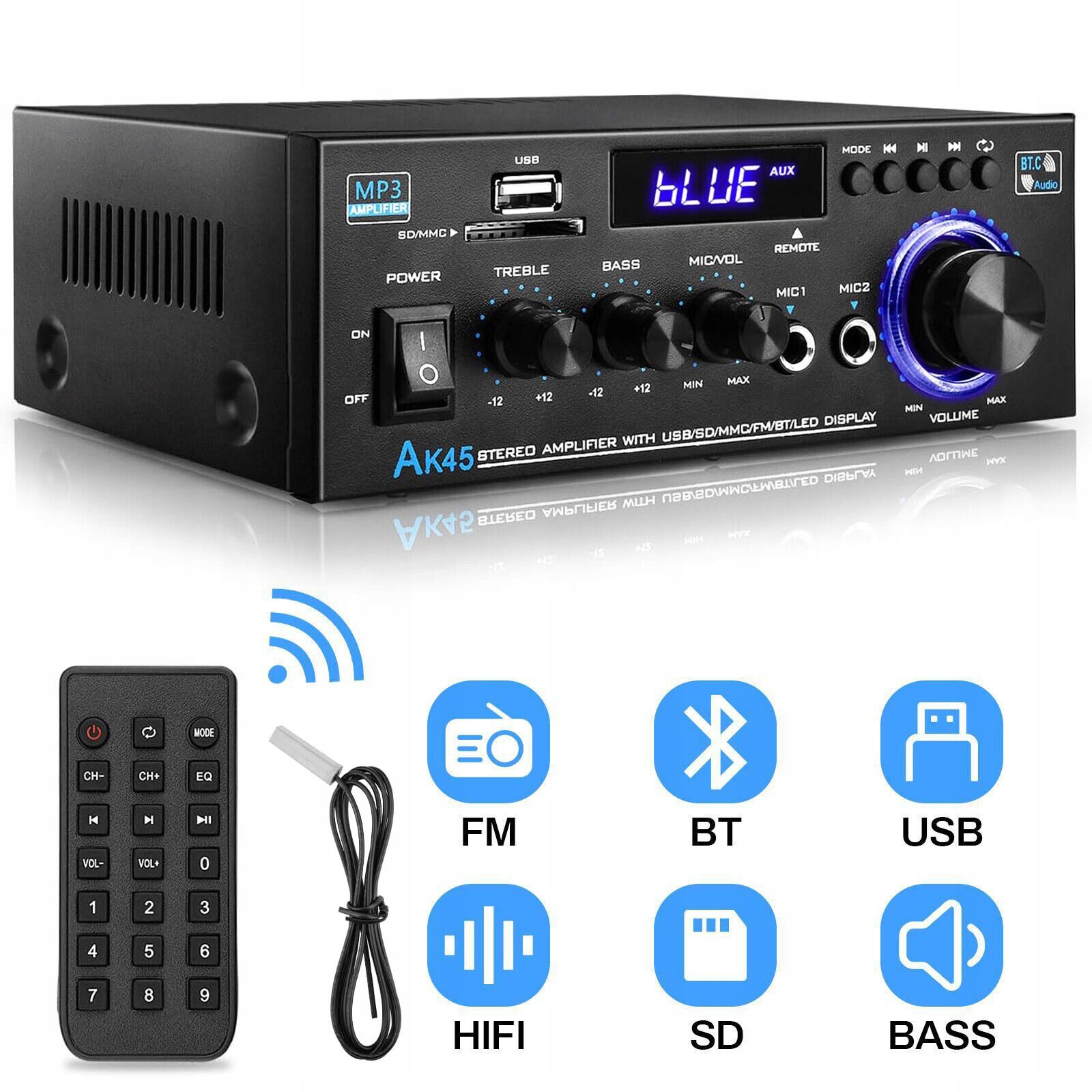 WZMACNIACZ BLUETOOTH 5.0 HIFI STEREO, 2-KANAŁOWY MINI WZMACNIACZ AUDIO Stan opakowania oryginalne