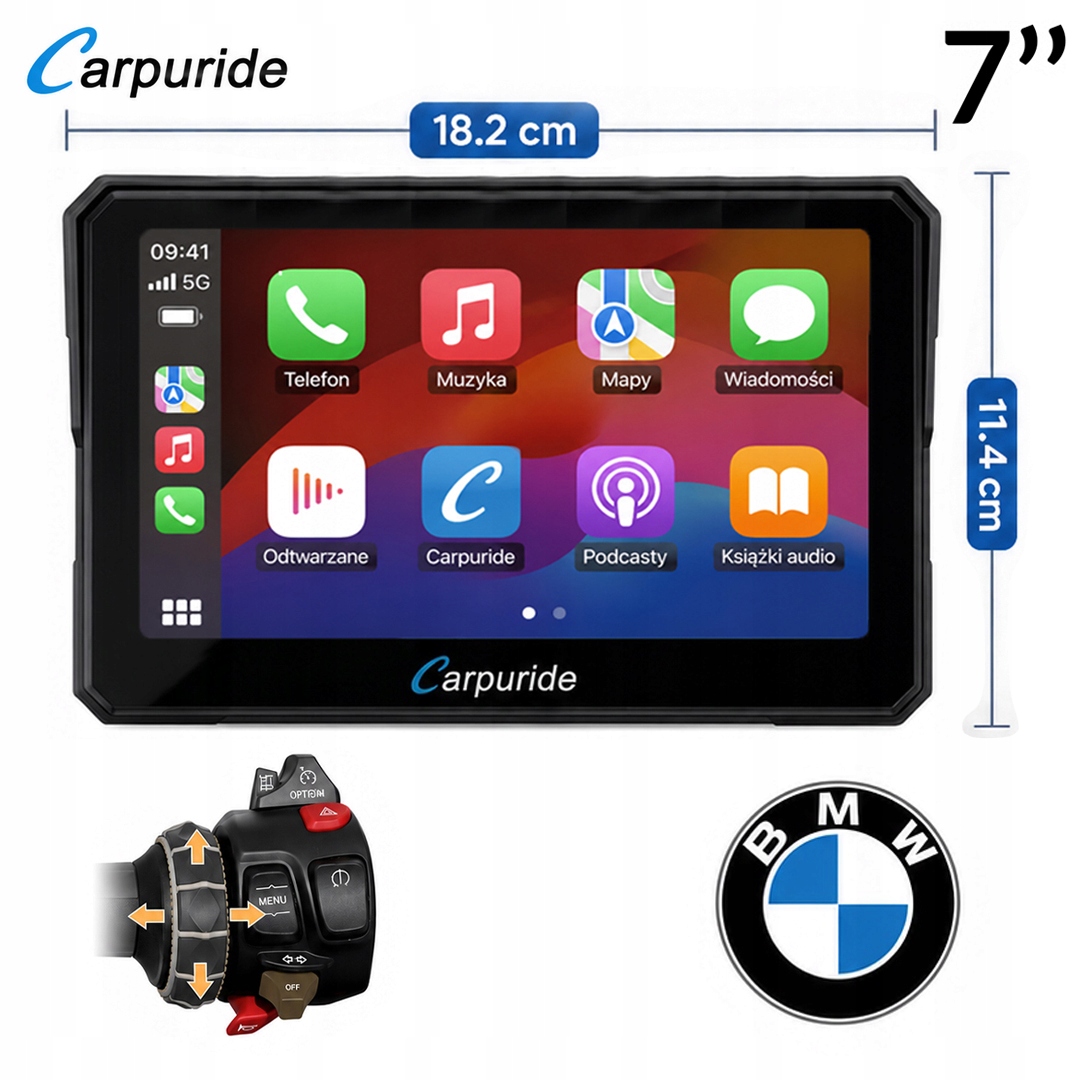 Motocyklová obrazovka Carpuride 7" W702BS Pro CarPlay AndroidAuto Bmw vodotesná