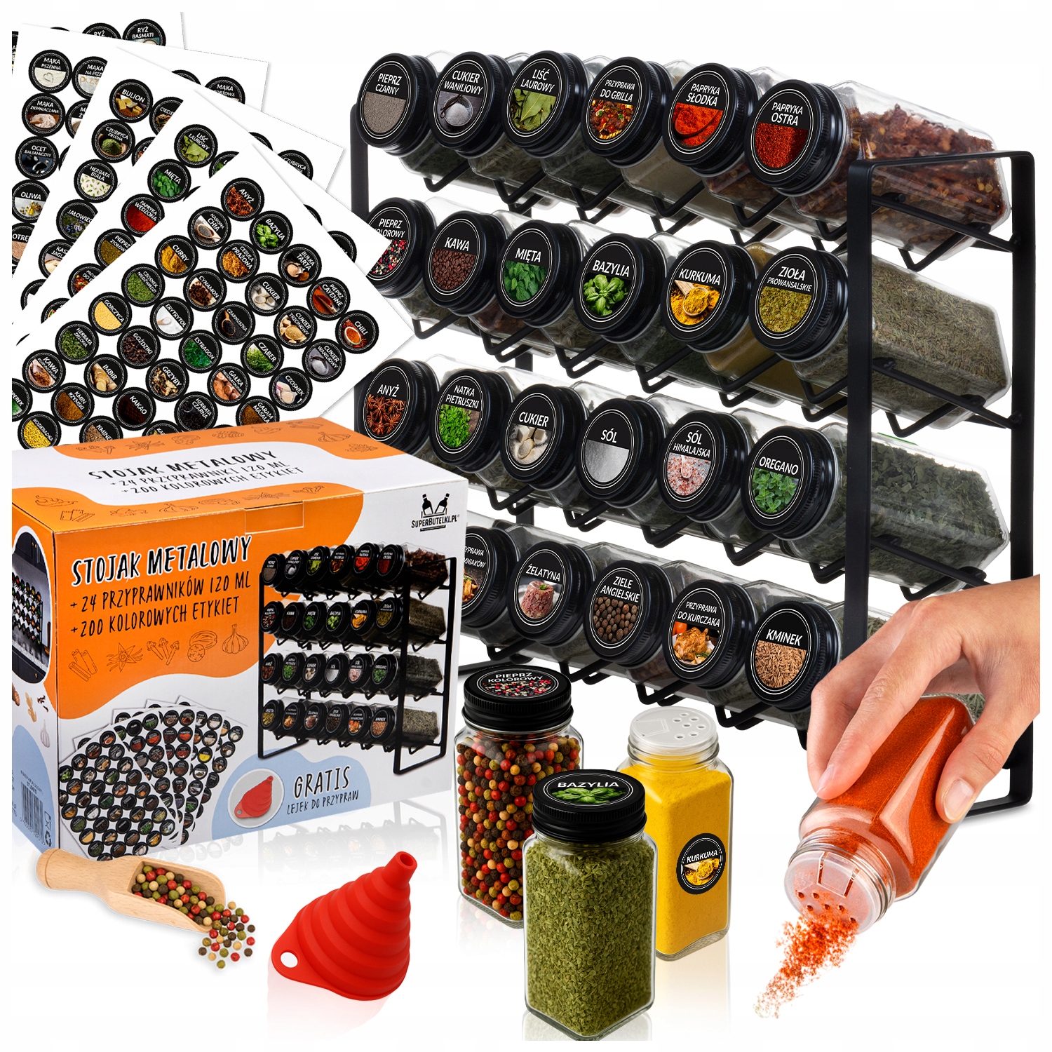 Stojak na Przyprawy Fala 24x Szklane Pojemniki Słoiczki Słoik +200 Etykiety