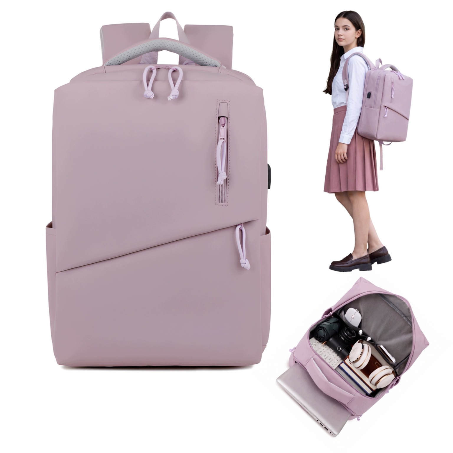 Školní batoh lila, módní, pro střední školu, střední školu, sešity, notebook, 15,6", s Usb