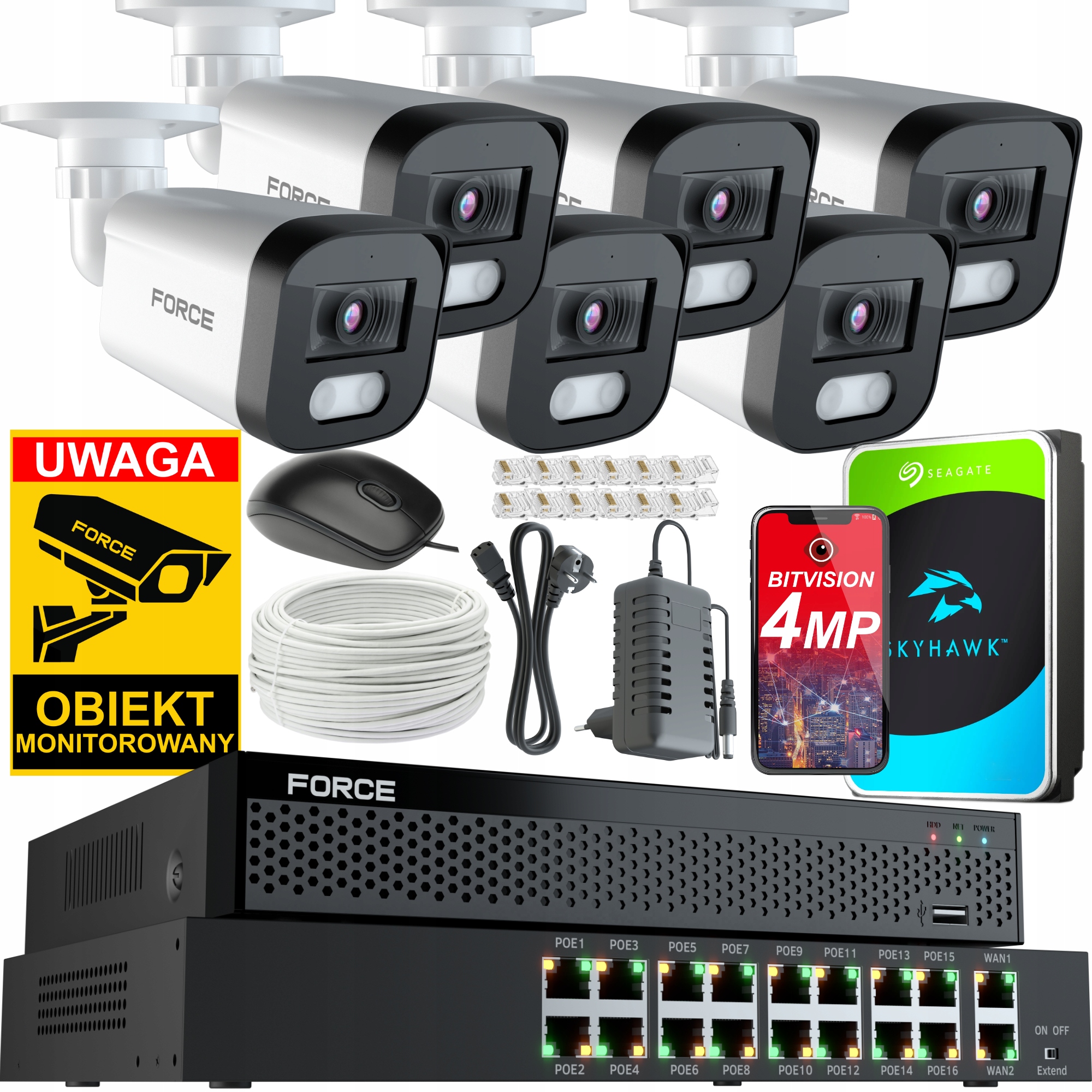 Force Monitorovací set 6x Ip kamera 4MPx 2K, Disk 1TB Switch Poe 16CH