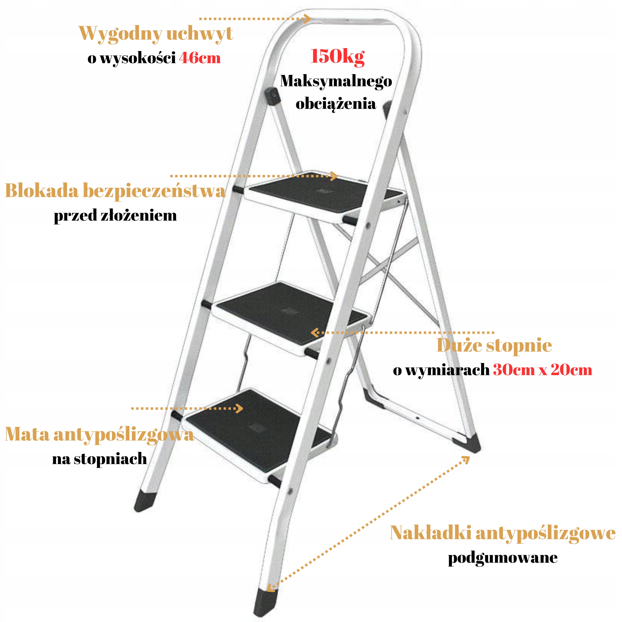 ePlatinum DRABINA DRABINKA 3 STOPNIOWA SCHODY DOMOWA STALOWA SKŁADANA 150kg Dopuszczalne obciążenie 150 kg