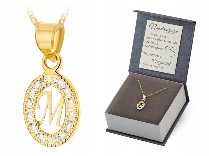 Zlatý Náhrdelník 42cm pr. 585 Přívěsek Písmeno M Zirkony 14k
