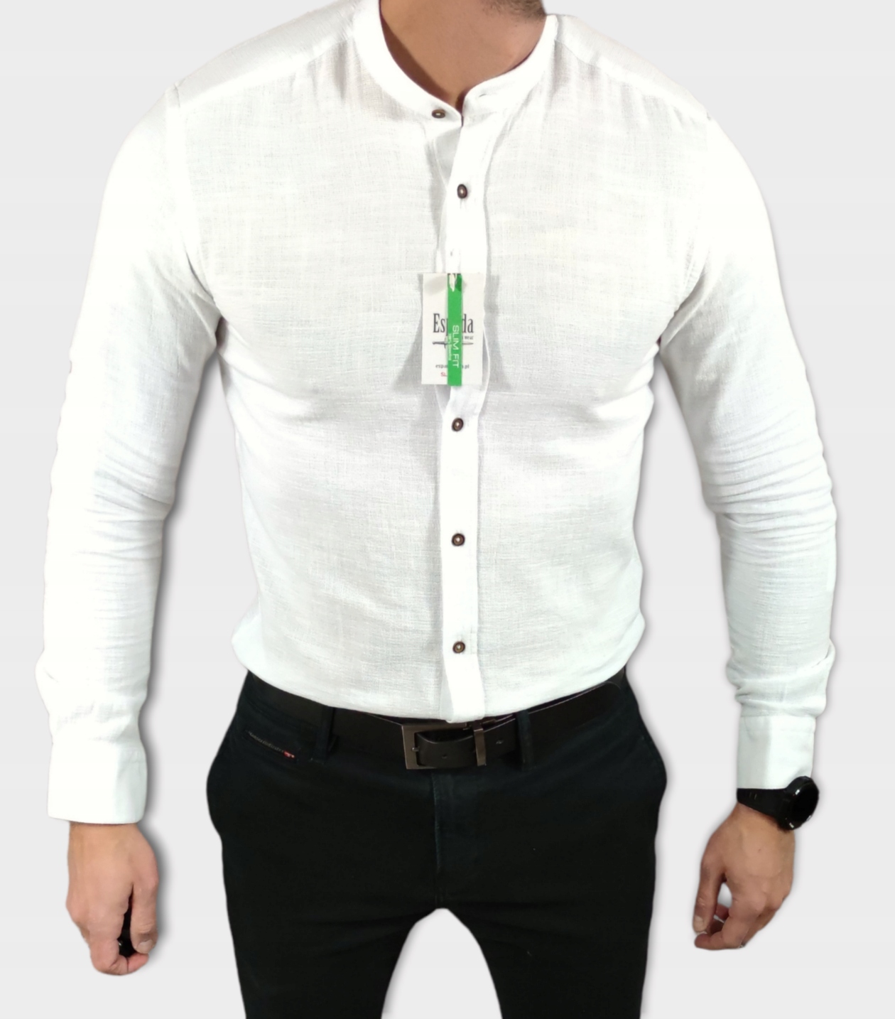 Lněná košile se stojáčkem slim fit bílá ESP010 XL