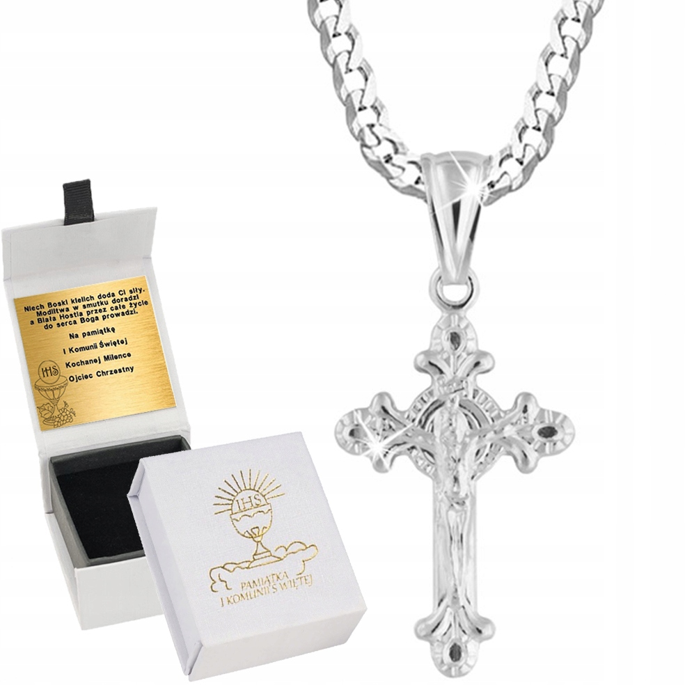 NASZYJNIK SREBRNY KRZYŻ KOMUNIA CHRZEST 925 GRAWER