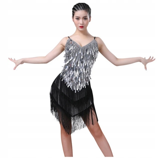 Sukienka Do Tańca Damska Latino Strój Czarna Srebrna 990
