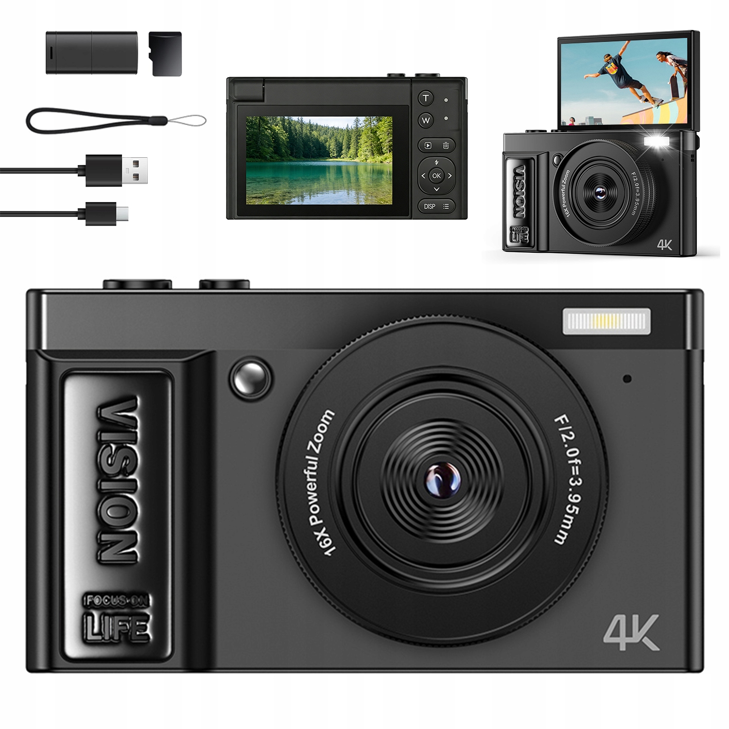 Kompaktní Digitální Fotoaparát S Selfie 16X Zoomem 4K 64MP 32GB