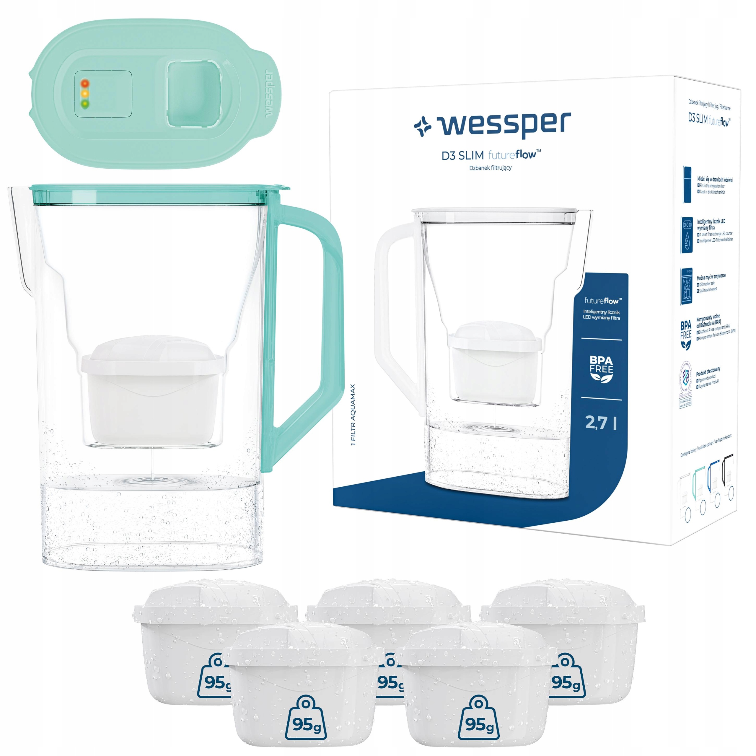 Dzbanek filtrujący Wessper D3 Slim 2,7l futureflow do lodówki 6x filtr
