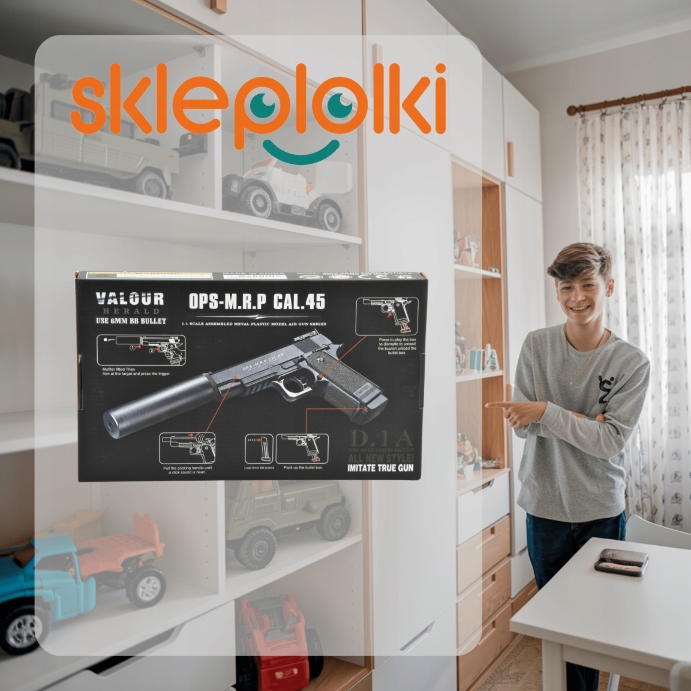 PISTOLET NA KULKI PLASTIKOWE METALOWY Z TŁUMIKIEM + GRATIS 800 KULEK Efekty brak