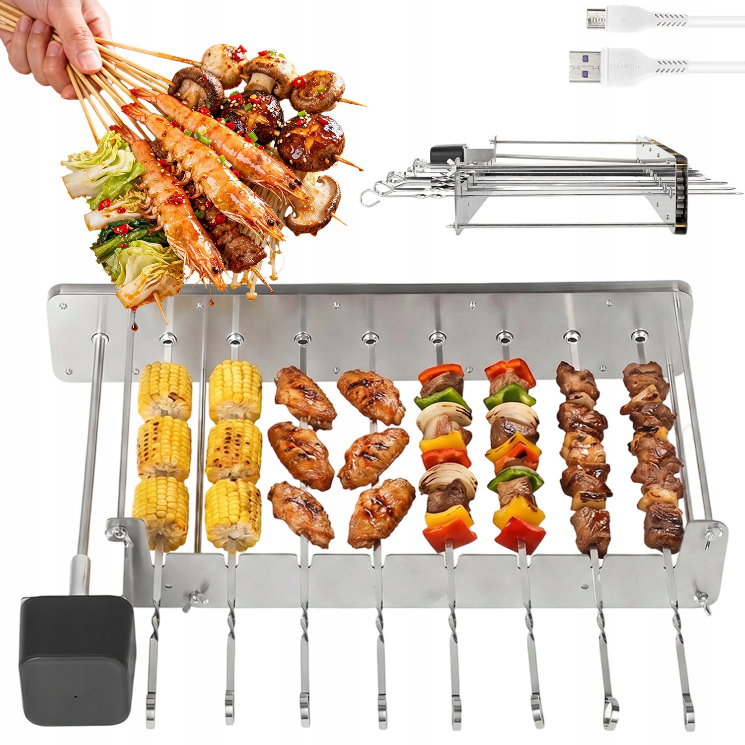 Automatyczny Obrót Grill Przenośny Turystyczny Ogrodowy Bbq Z 10 Szaszłyków