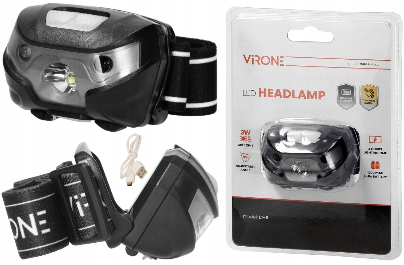 VIRONE ORNO LATARKA CZOŁOWA Z AKUMULATOREM I CZUJNIKIEM 3W LT-6